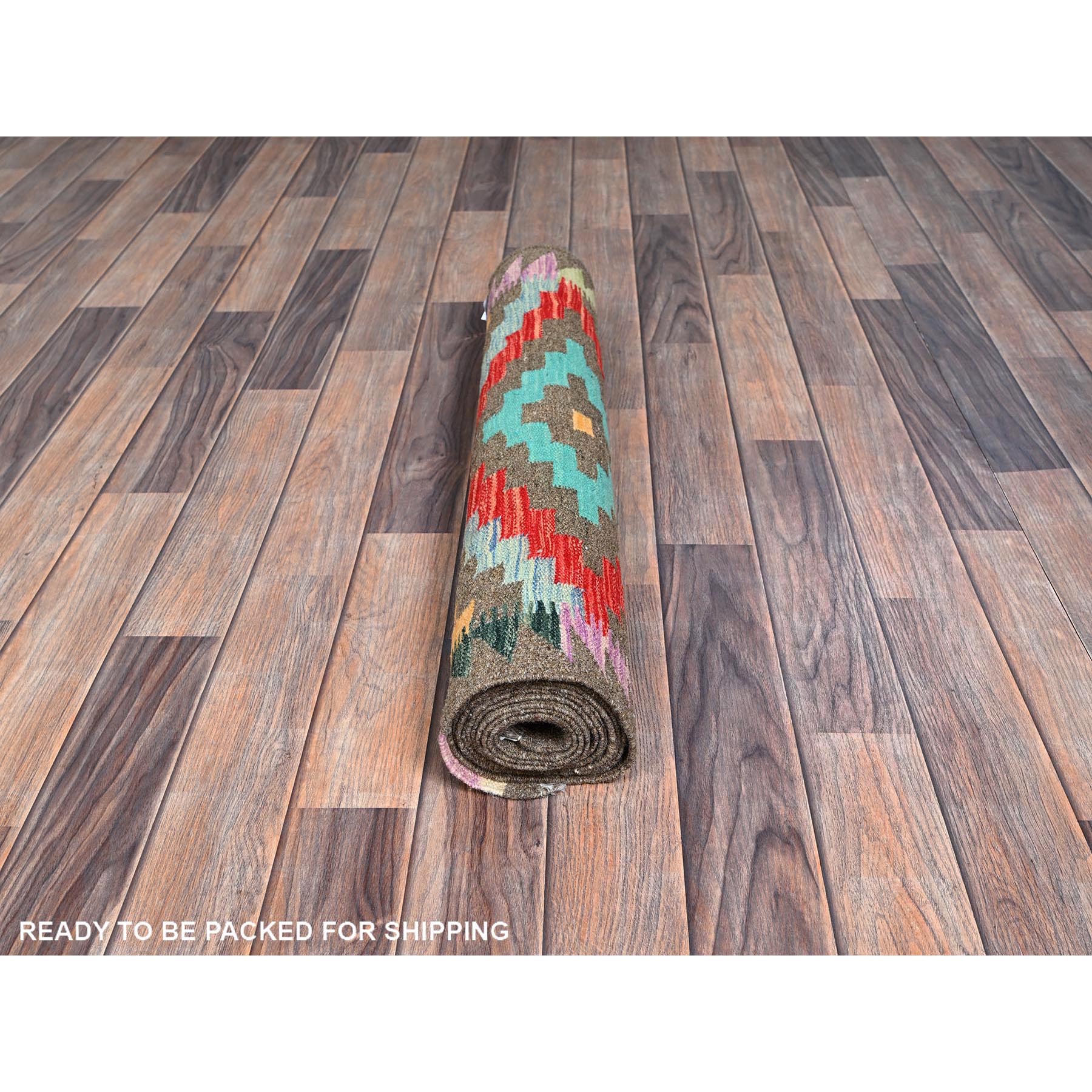 2'9"x9'10" Taupe Gray, Afghan Kilim with Colorful Geometric Pattern, Vegetable Dyes, Pure Wool, Flat Weave, Hand Woven, Reversible, Runner, Oriental Rug Sh1170