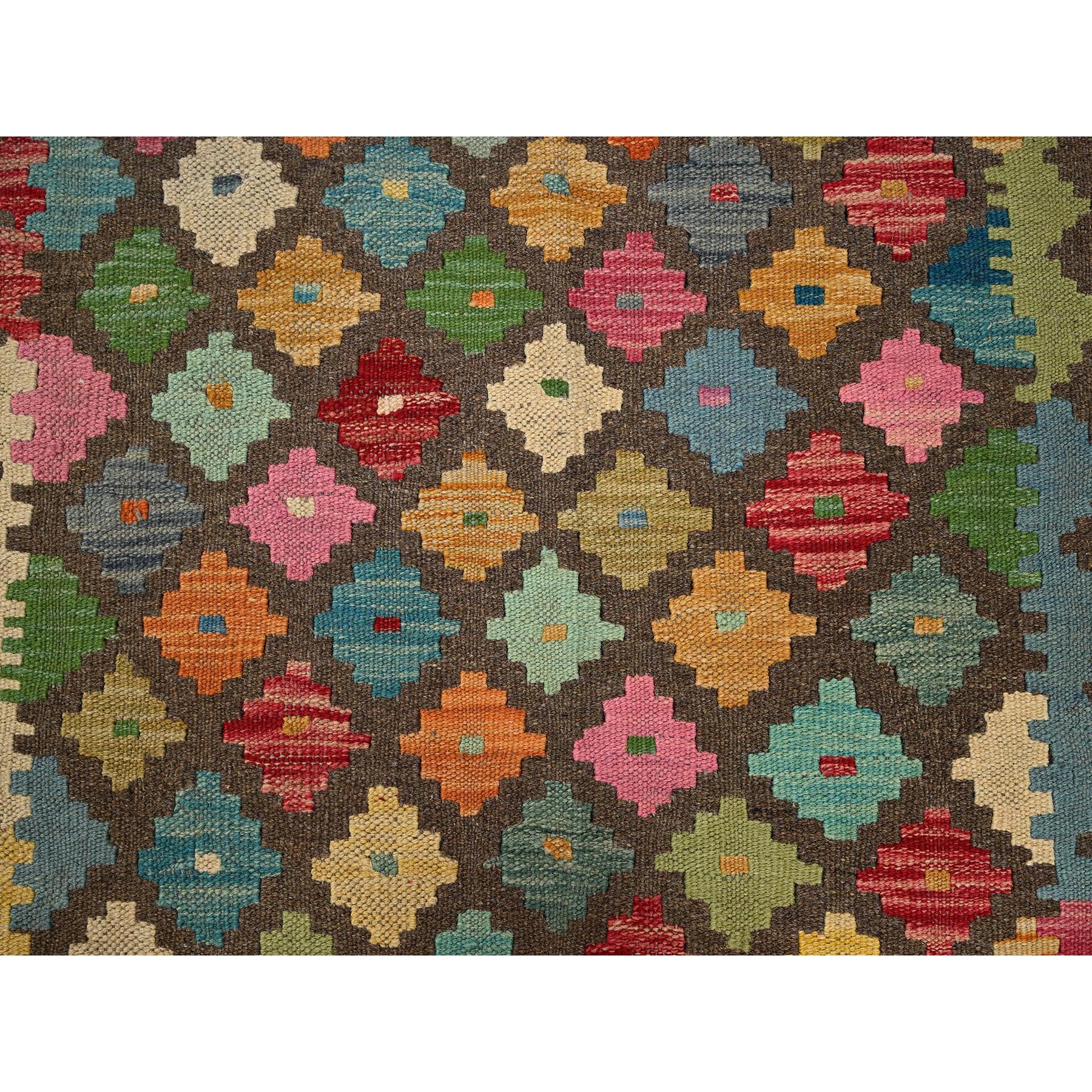 2'7"x9'8" Cedar Brown, Afghan Kilim with Colorful Geometric Pattern, Pure Wool, Flat Weave, Hand Woven, Vegetable Dyes, Reversible, Runner, Oriental Rug Sh1171