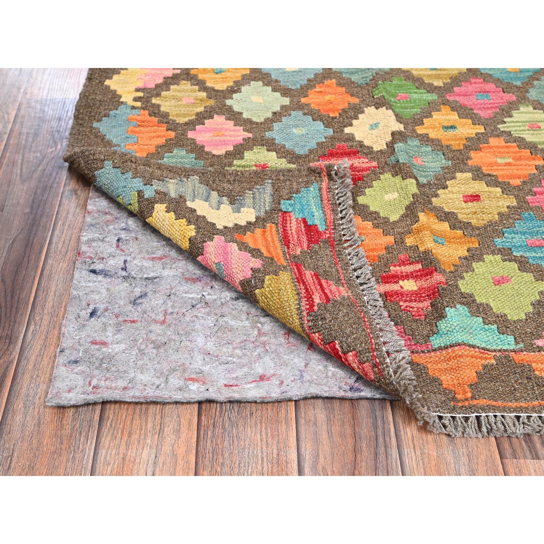 2'7"x9'8" Cedar Brown, Afghan Kilim with Colorful Geometric Pattern, Pure Wool, Flat Weave, Hand Woven, Vegetable Dyes, Reversible, Runner, Oriental Rug Sh1171