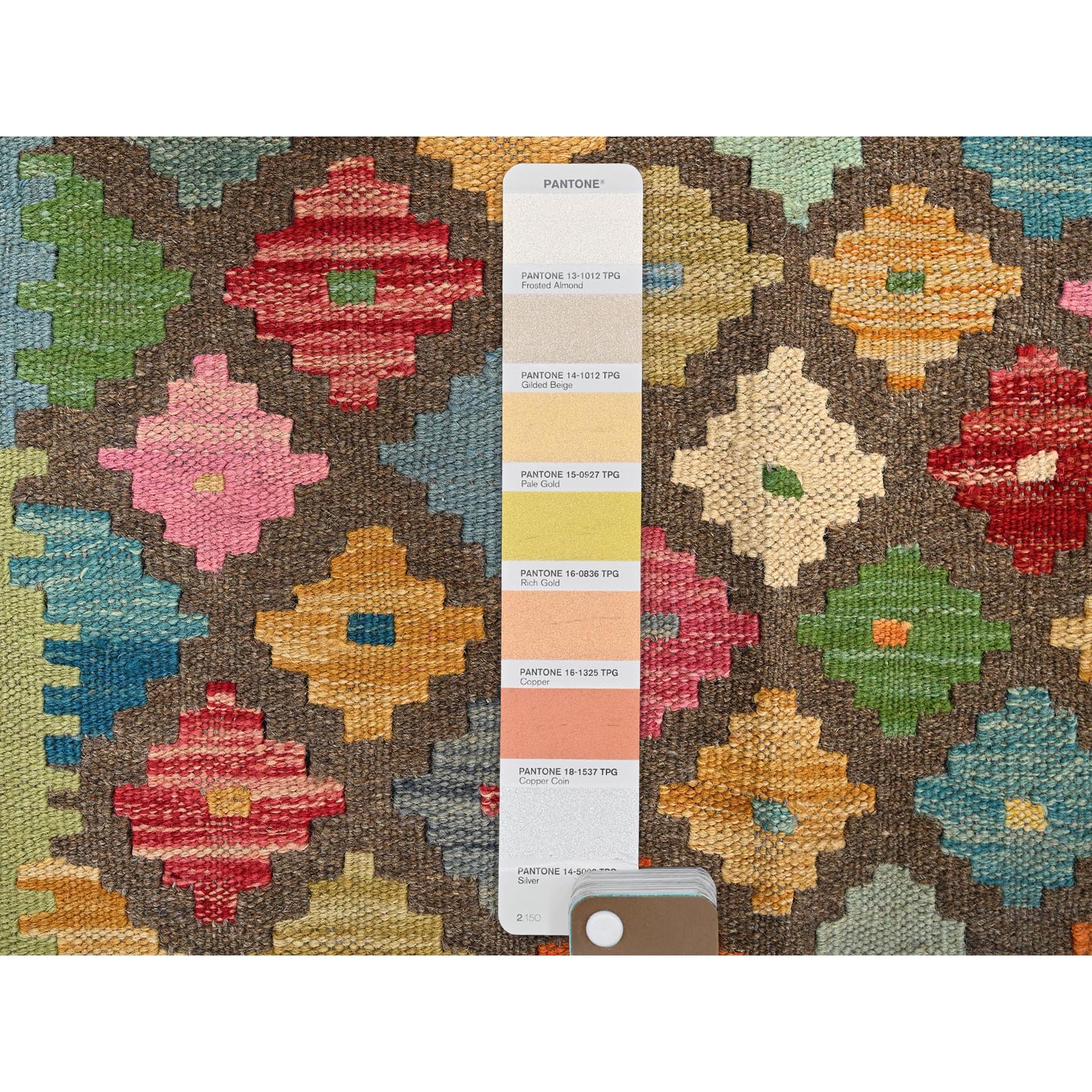 2'7"x9'8" Cedar Brown, Afghan Kilim with Colorful Geometric Pattern, Pure Wool, Flat Weave, Hand Woven, Vegetable Dyes, Reversible, Runner, Oriental Rug Sh1171