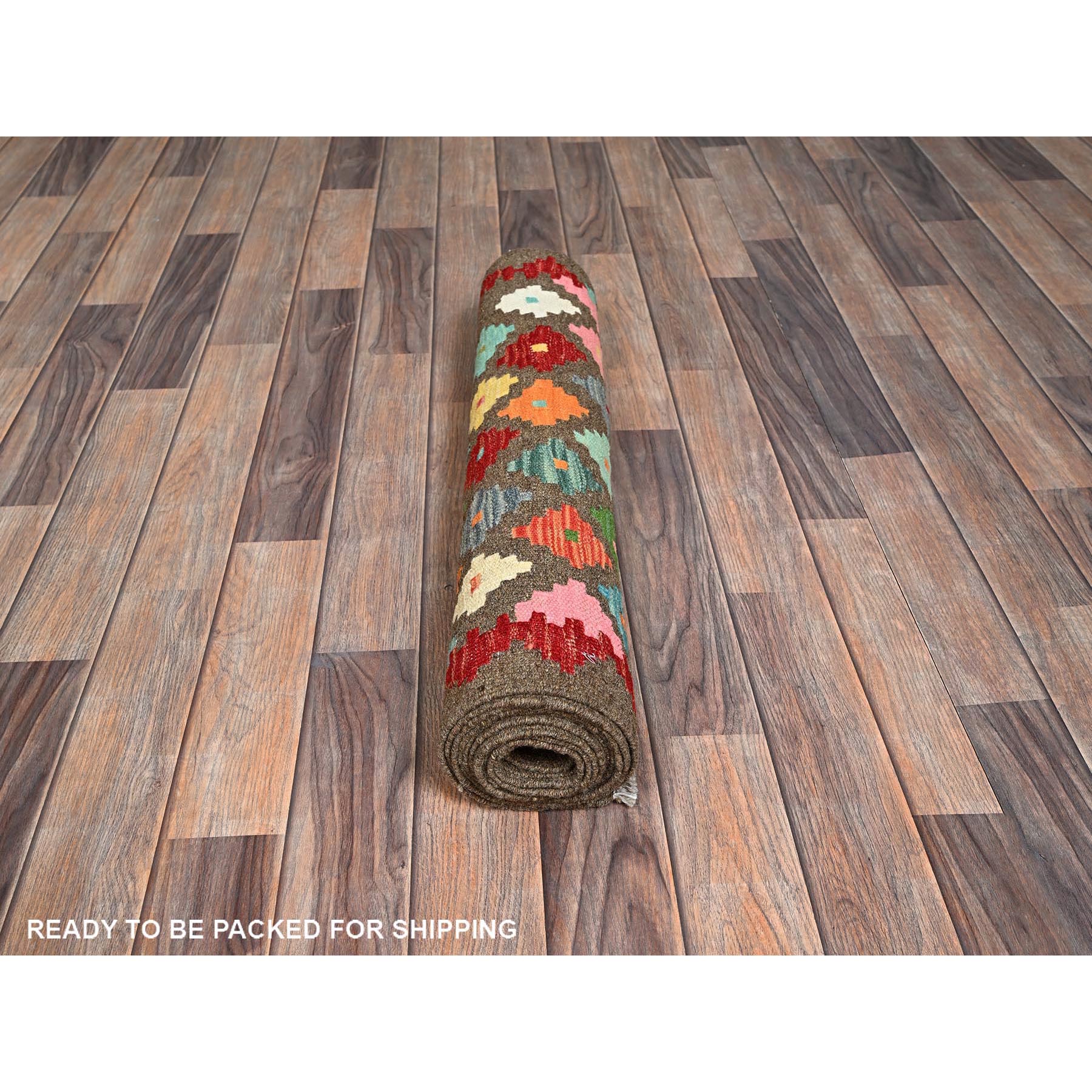 2'7"x9'8" Cedar Brown, Afghan Kilim with Colorful Geometric Pattern, Pure Wool, Flat Weave, Hand Woven, Vegetable Dyes, Reversible, Runner, Oriental Rug Sh1171