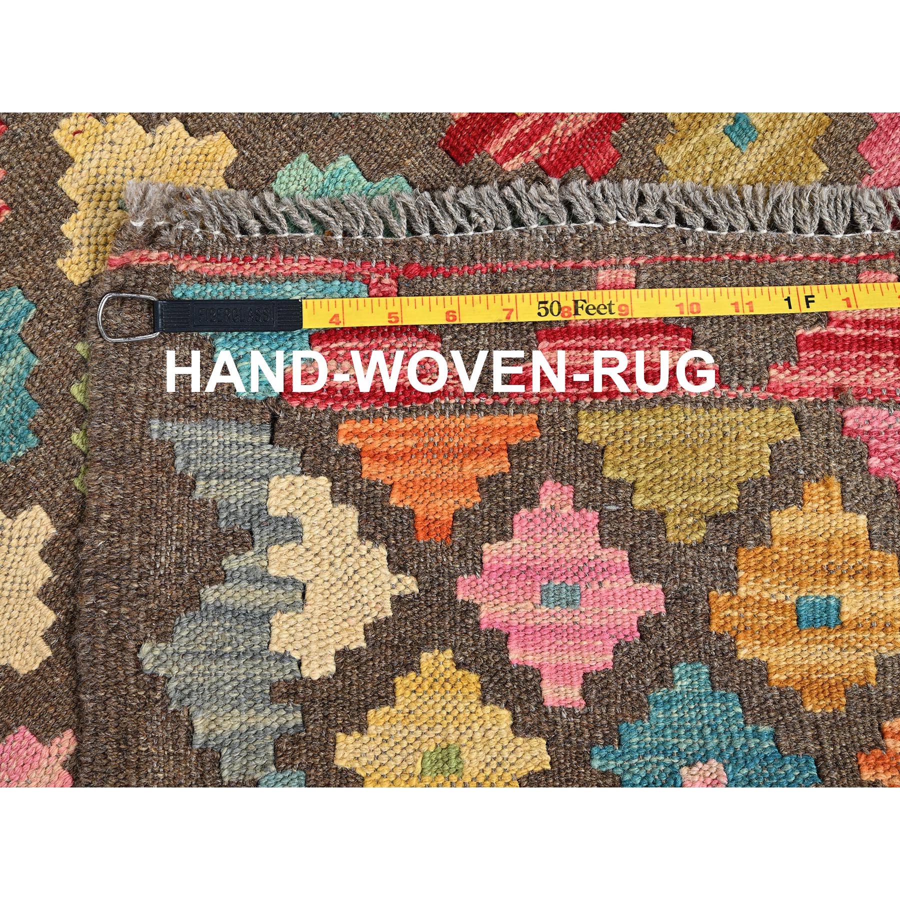 2'7"x9'8" Cedar Brown, Afghan Kilim with Colorful Geometric Pattern, Pure Wool, Flat Weave, Hand Woven, Vegetable Dyes, Reversible, Runner, Oriental Rug Sh1171