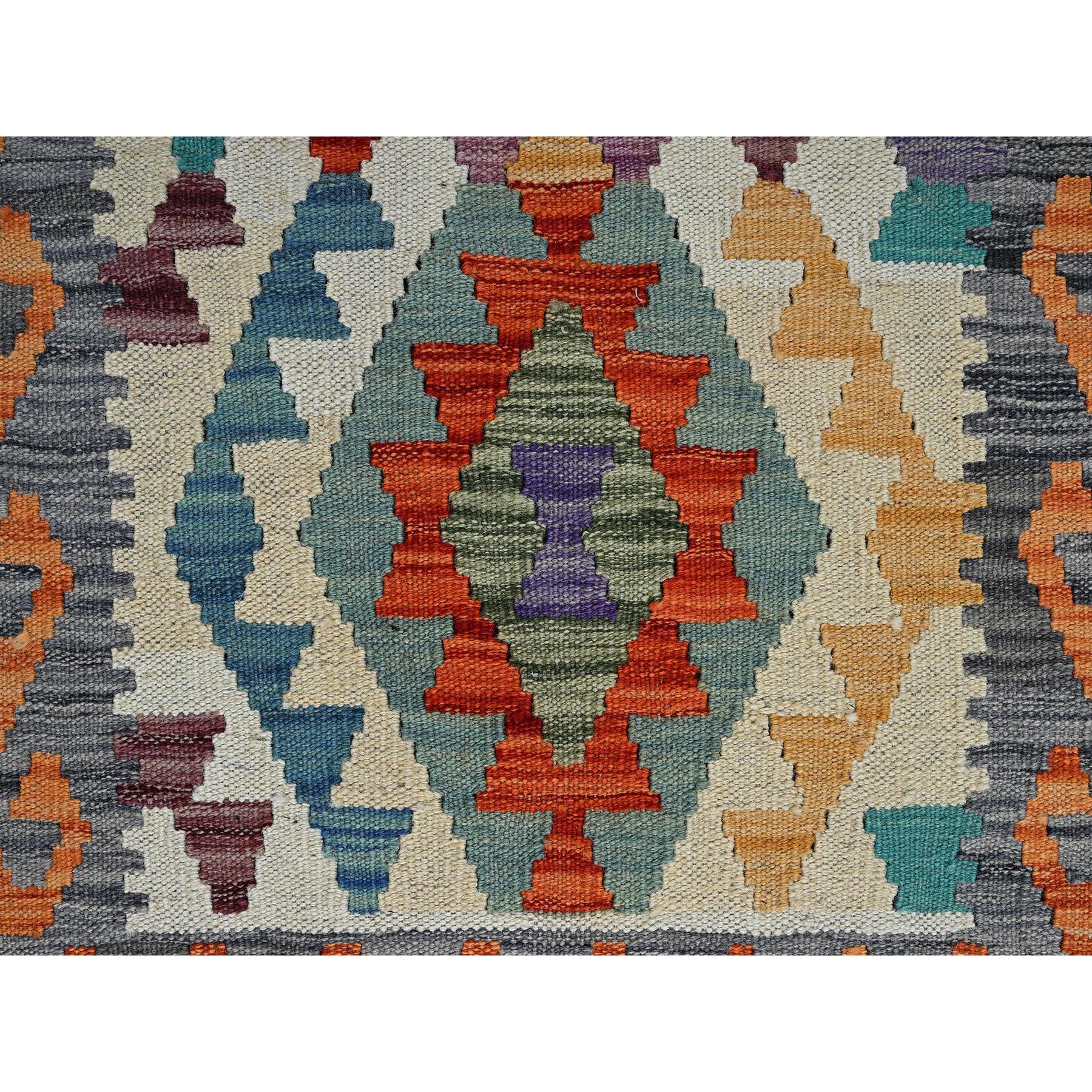 2'x3'3" Alabaster White, Afghan Kilim with Colorful Geometric Pattern, Vegetable Dyes, Pure Wool, Flat Weave, Hand Woven, Reversible, Mat, Oriental Rug Sh1173