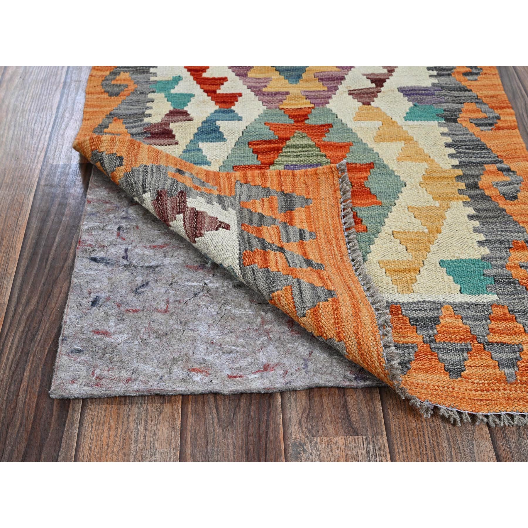 2'x3'3" Alabaster White, Afghan Kilim with Colorful Geometric Pattern, Vegetable Dyes, Pure Wool, Flat Weave, Hand Woven, Reversible, Mat, Oriental Rug Sh1173