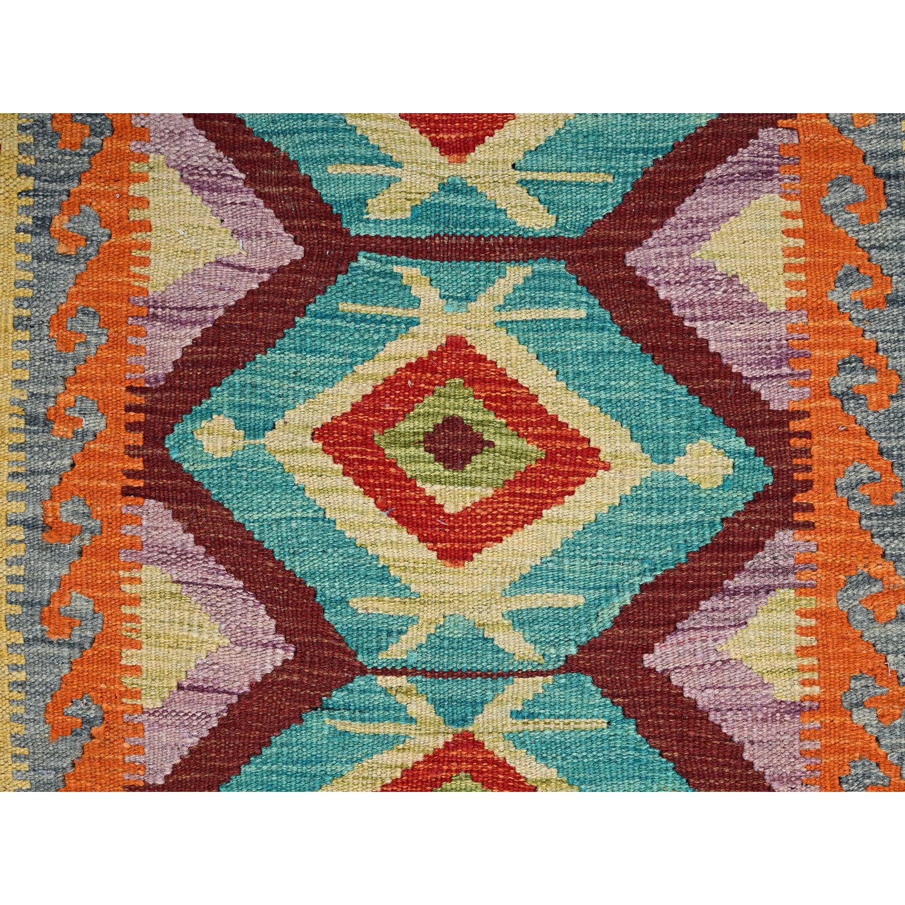 2'2"x2'9" Aqua Green, Flat Weave, Afghan Kilim with Colorful Geometric Pattern, Vegetable Dyes, Pure Wool, Hand Woven, Reversible, Mat, Oriental Rug Sh1176
