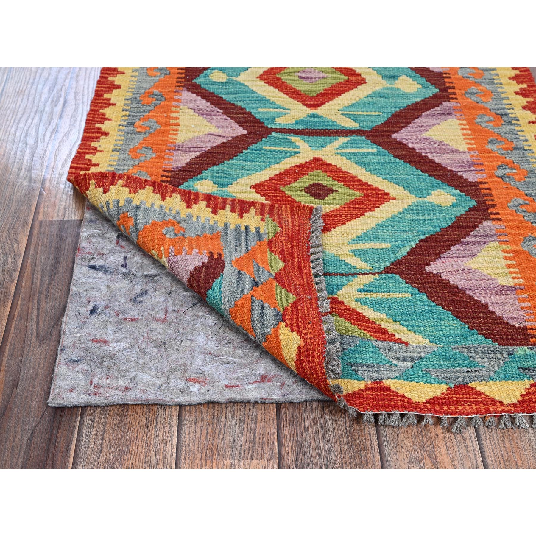 2'2"x2'9" Aqua Green, Flat Weave, Afghan Kilim with Colorful Geometric Pattern, Vegetable Dyes, Pure Wool, Hand Woven, Reversible, Mat, Oriental Rug Sh1176
