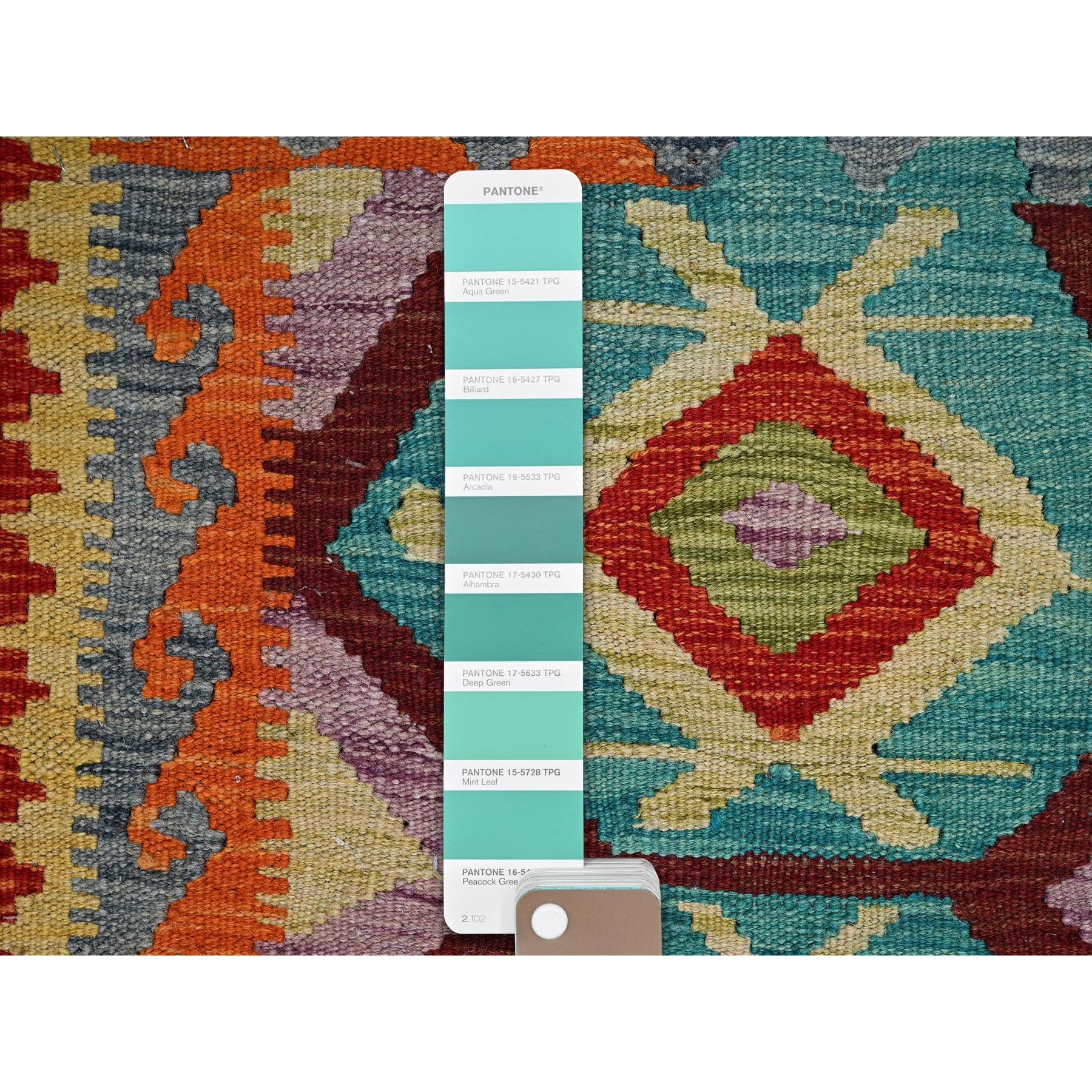2'2"x2'9" Aqua Green, Flat Weave, Afghan Kilim with Colorful Geometric Pattern, Vegetable Dyes, Pure Wool, Hand Woven, Reversible, Mat, Oriental Rug Sh1176