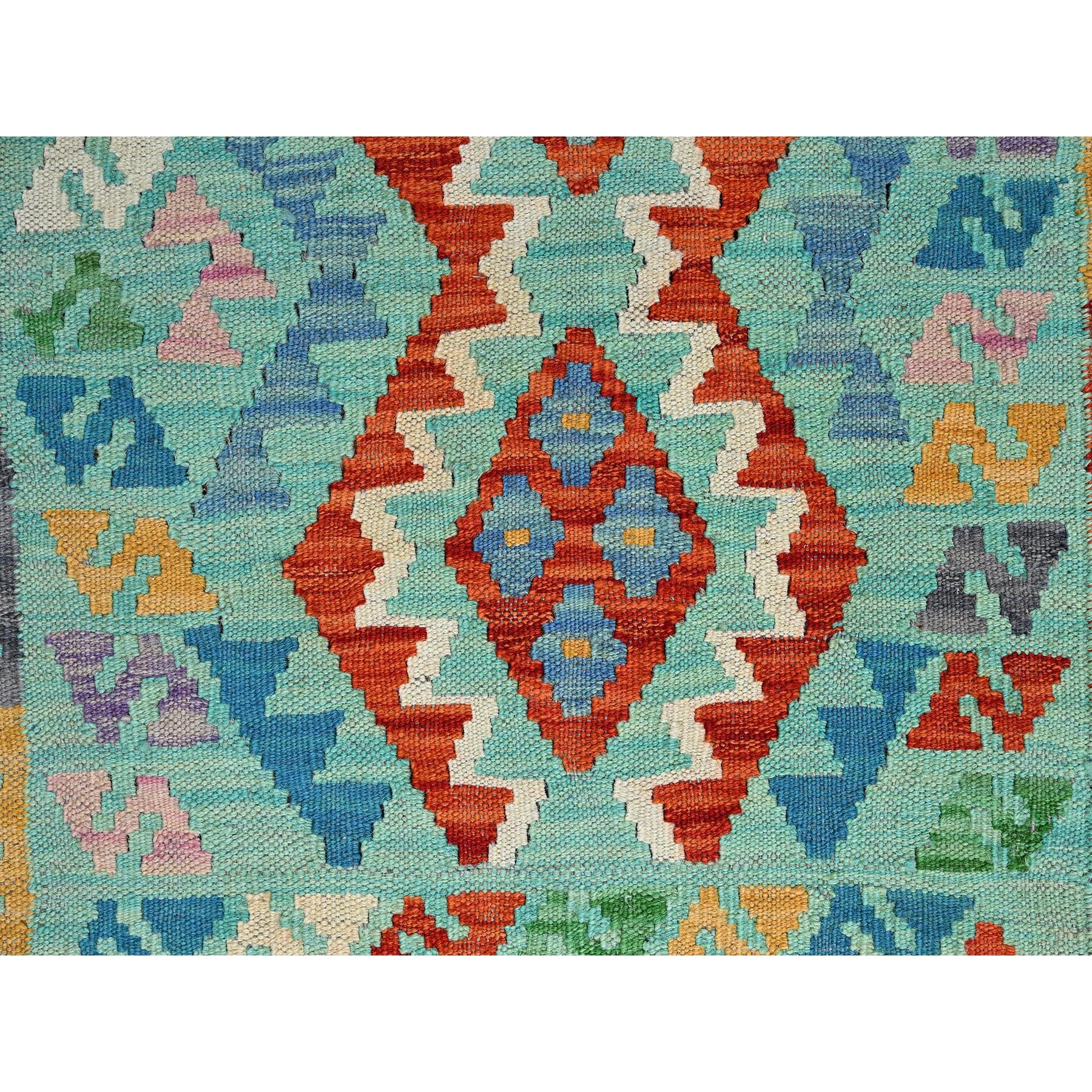 2'x3' Aqua Green, Hand Woven, Flat Weave, Afghan Kilim with Colorful Geometric Pattern, Vegetable Dyes, Pure Wool, Reversible, Mat, Oriental Rug Sh1177