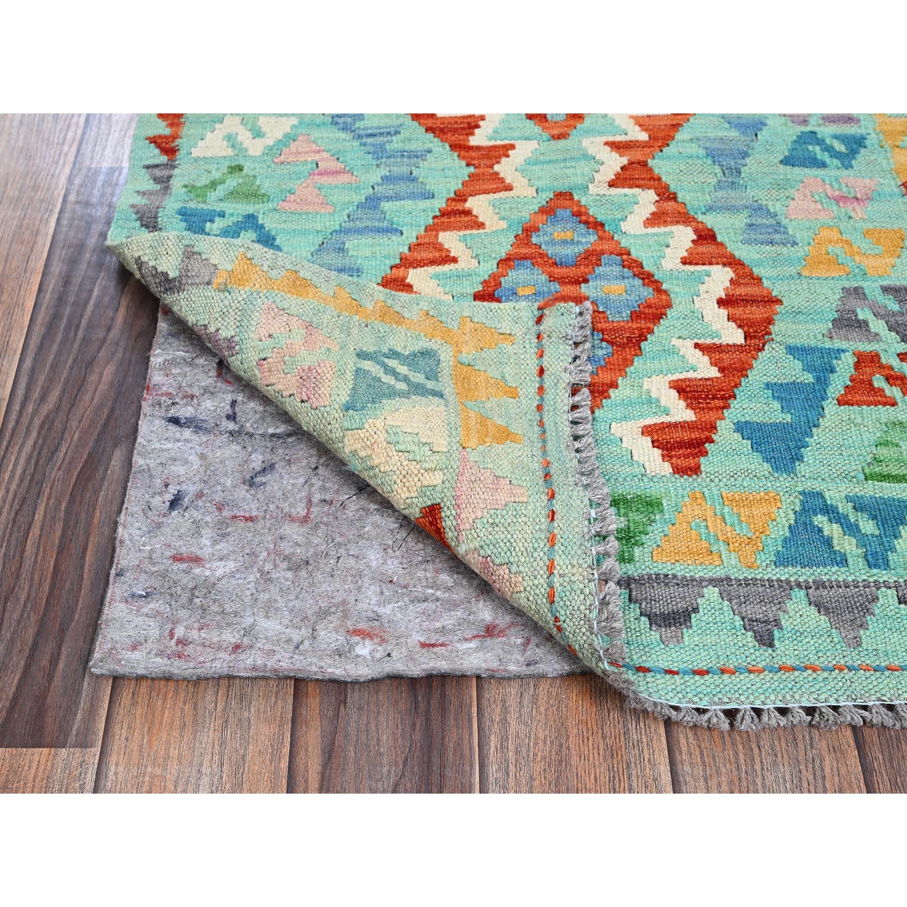 2'x3' Aqua Green, Hand Woven, Flat Weave, Afghan Kilim with Colorful Geometric Pattern, Vegetable Dyes, Pure Wool, Reversible, Mat, Oriental Rug Sh1177