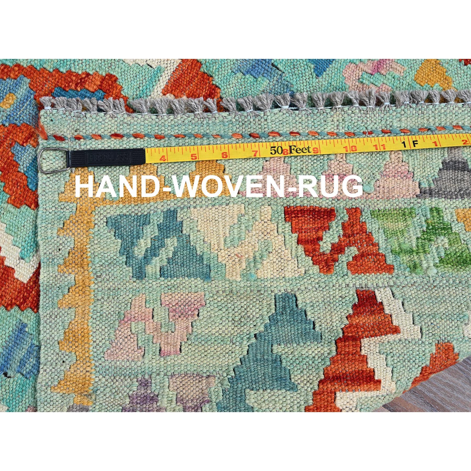 2'x3' Aqua Green, Hand Woven, Flat Weave, Afghan Kilim with Colorful Geometric Pattern, Vegetable Dyes, Pure Wool, Reversible, Mat, Oriental Rug Sh1177