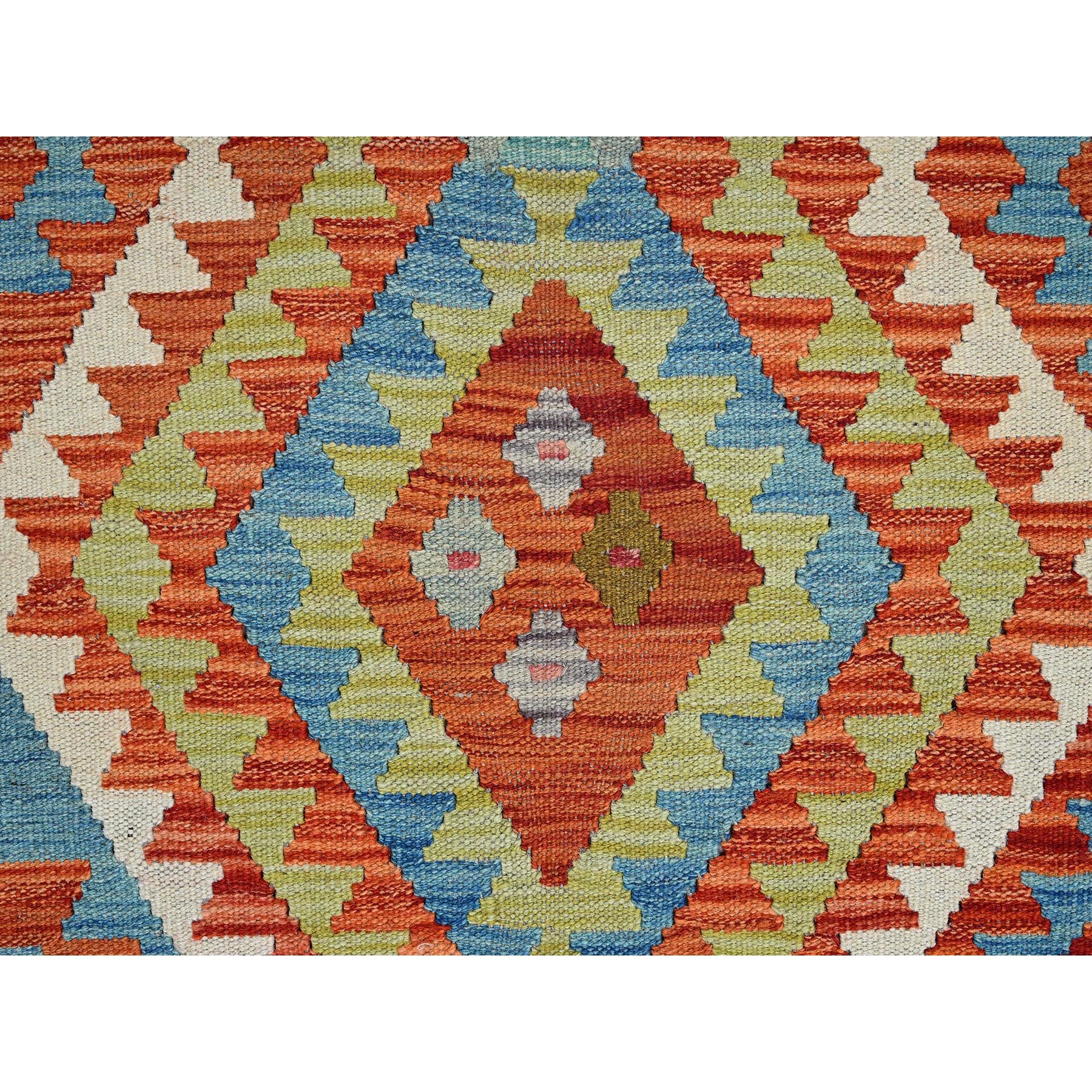 2'2"x3'2" Vivid Orange, Afghan Kilim with Colorful Geometric Pattern, Flat Weave, Vegetable Dyes, Pure Wool, Hand Woven, Reversible, Mat, Oriental Rug Sh1179
