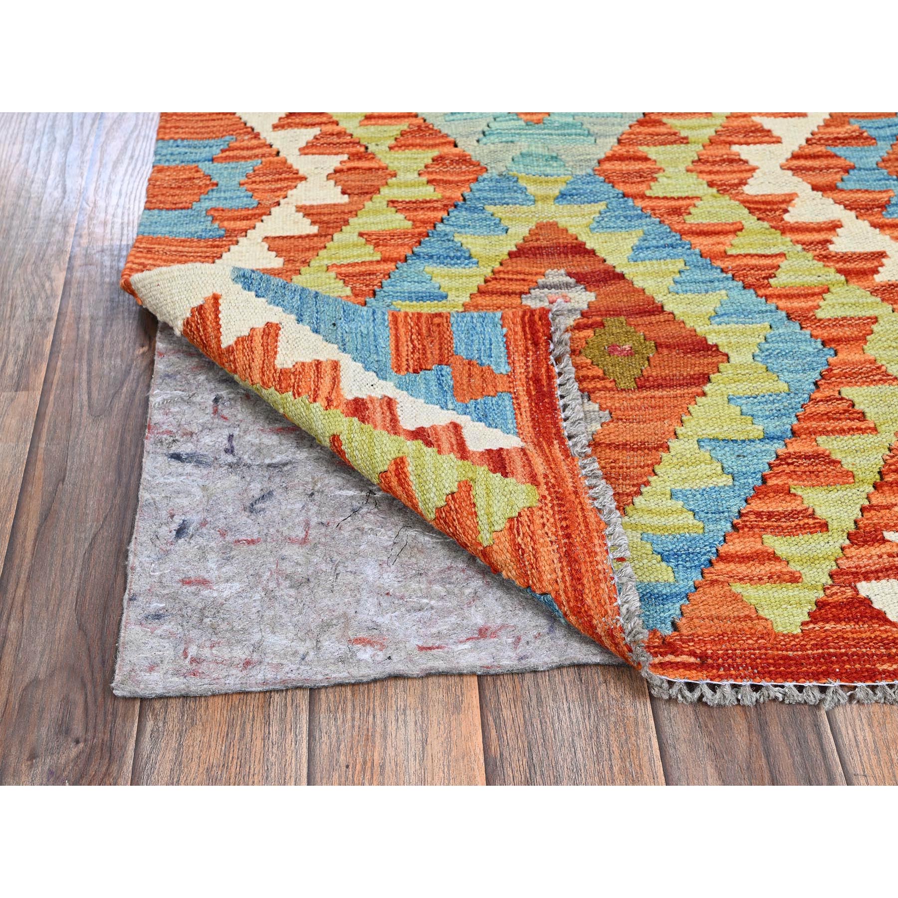 2'2"x3'2" Vivid Orange, Afghan Kilim with Colorful Geometric Pattern, Flat Weave, Vegetable Dyes, Pure Wool, Hand Woven, Reversible, Mat, Oriental Rug Sh1179