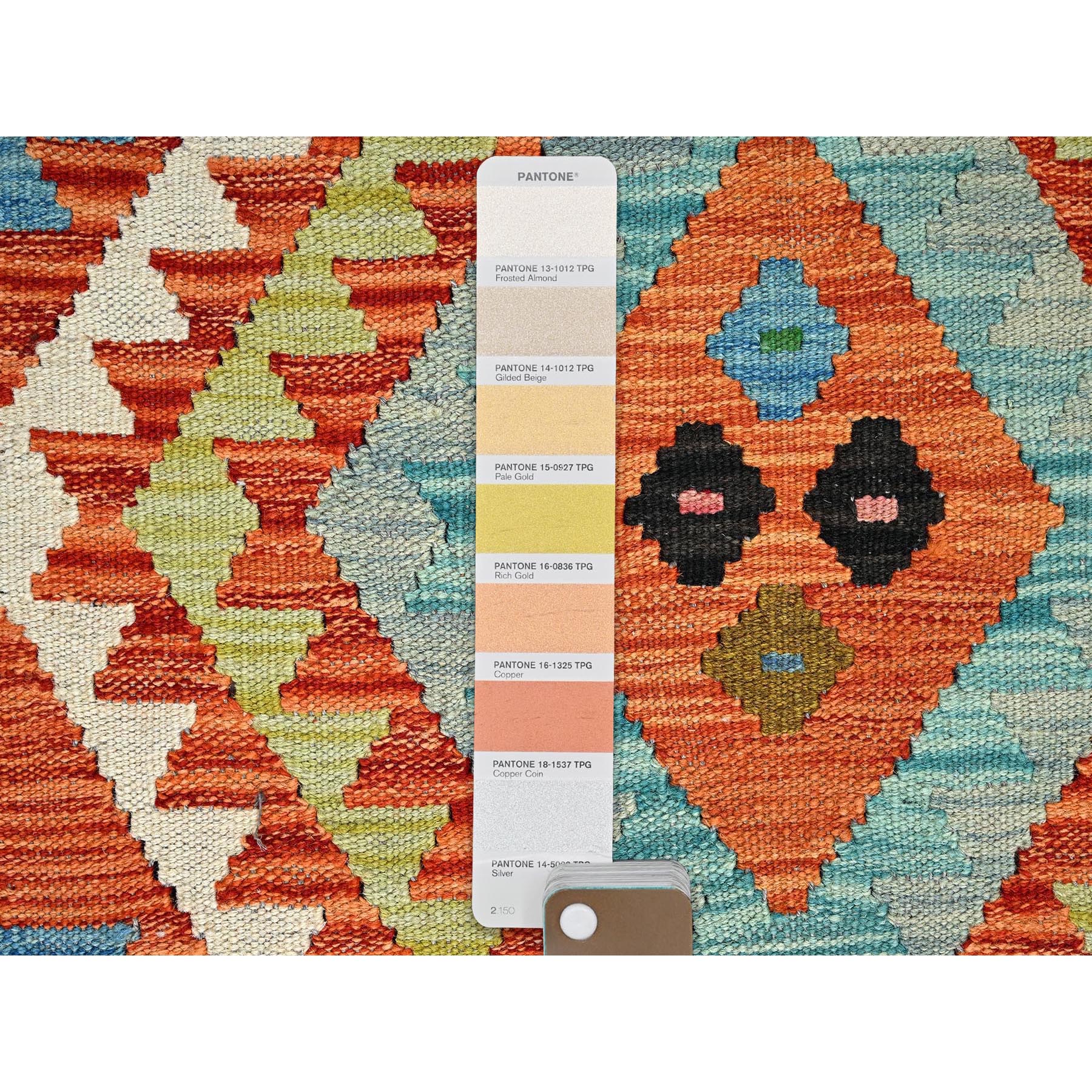 2'2"x3'2" Vivid Orange, Afghan Kilim with Colorful Geometric Pattern, Flat Weave, Vegetable Dyes, Pure Wool, Hand Woven, Reversible, Mat, Oriental Rug Sh1179