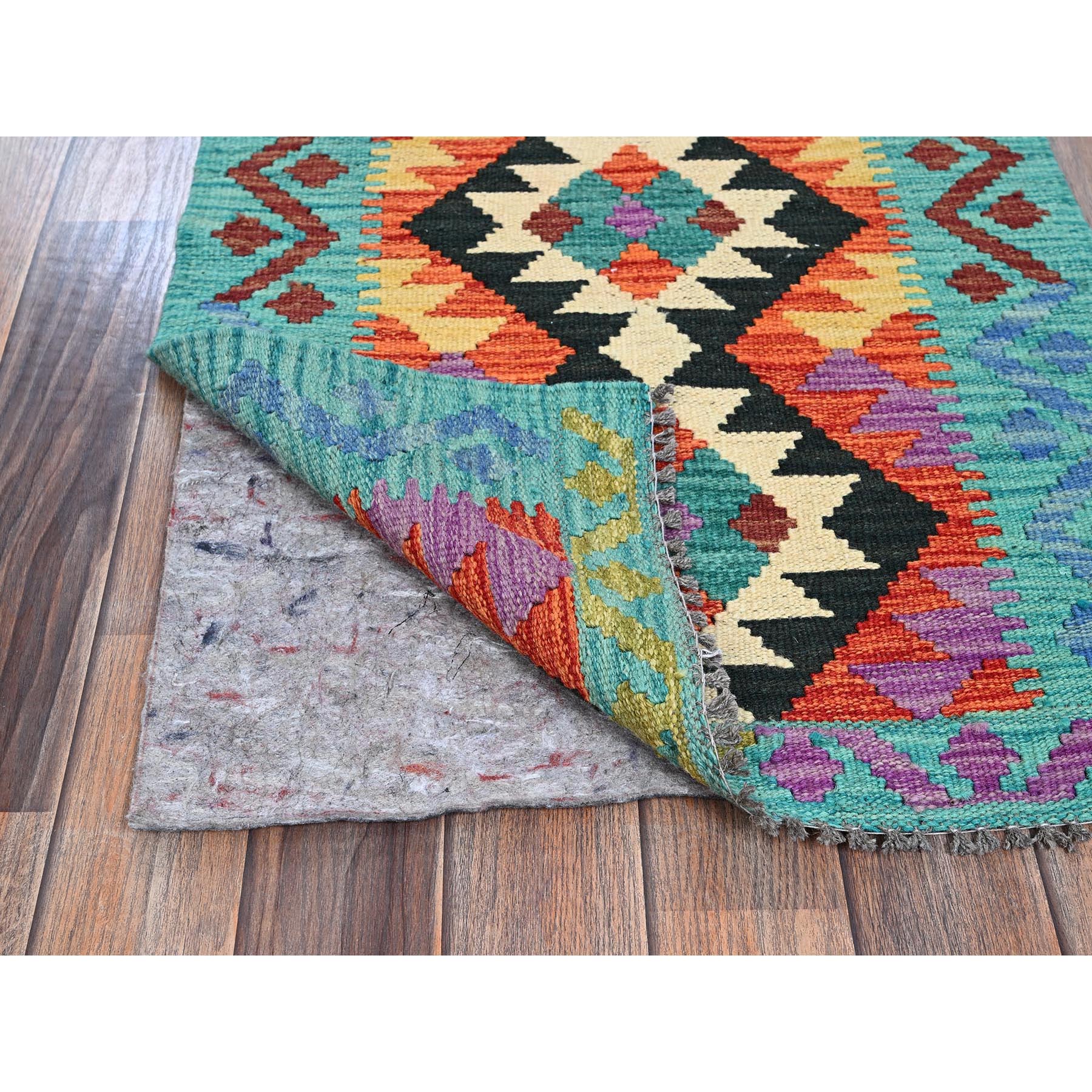 2'1"x2'8" Flame Orange, Flat Weave, Afghan Kilim with Colorful Geometric Pattern, Vegetable Dyes, Pure Wool, Hand Woven, Reversible, Mat, Oriental Rug Sh1180