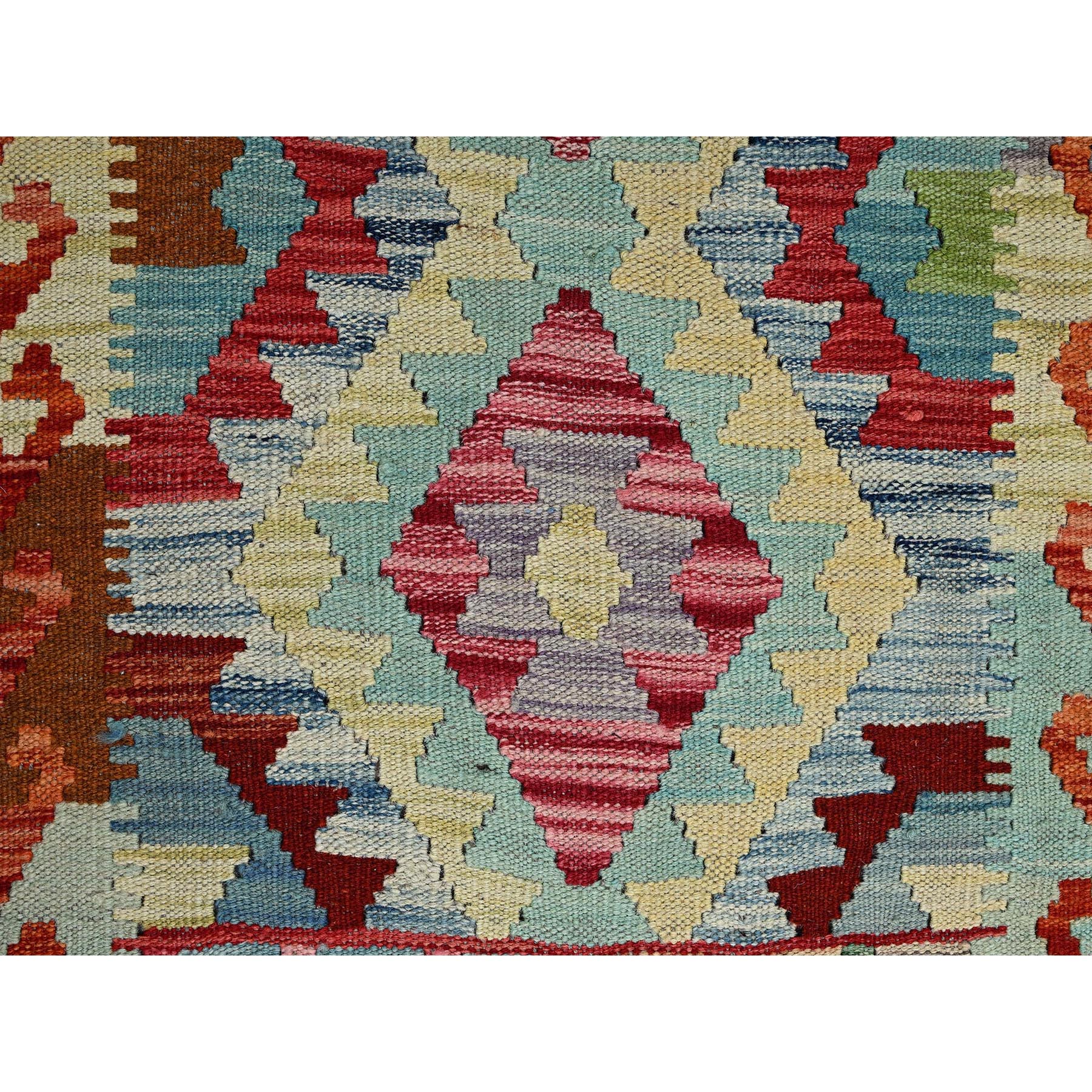 2'1"x3' Flame Orange, Afghan Kilim with Colorful Geometric Pattern, Flat Weave, Vegetable Dyes, Pure Wool, Hand Woven, Reversible, Mat, Oriental Rug Sh1181
