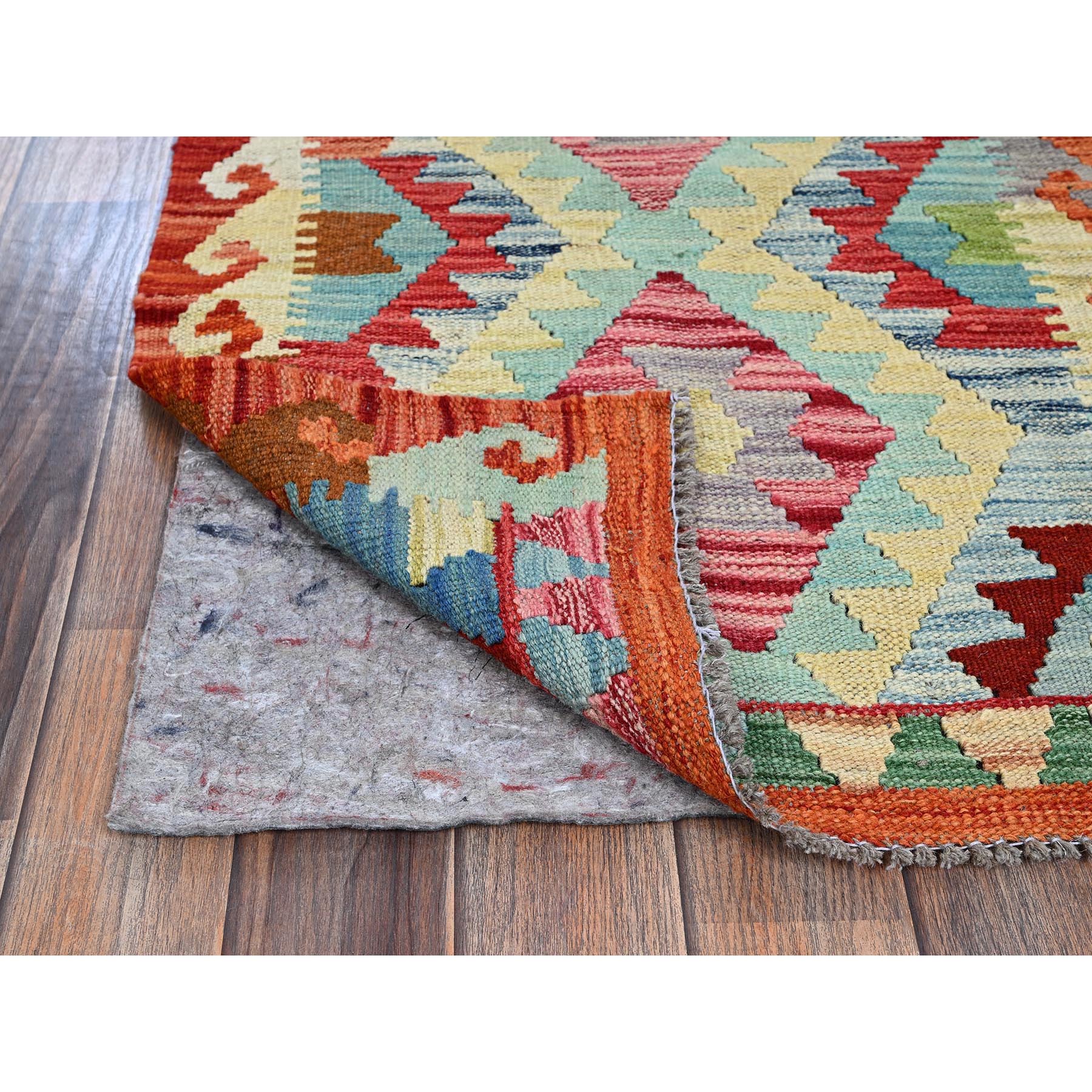 2'1"x3' Flame Orange, Afghan Kilim with Colorful Geometric Pattern, Flat Weave, Vegetable Dyes, Pure Wool, Hand Woven, Reversible, Mat, Oriental Rug Sh1181