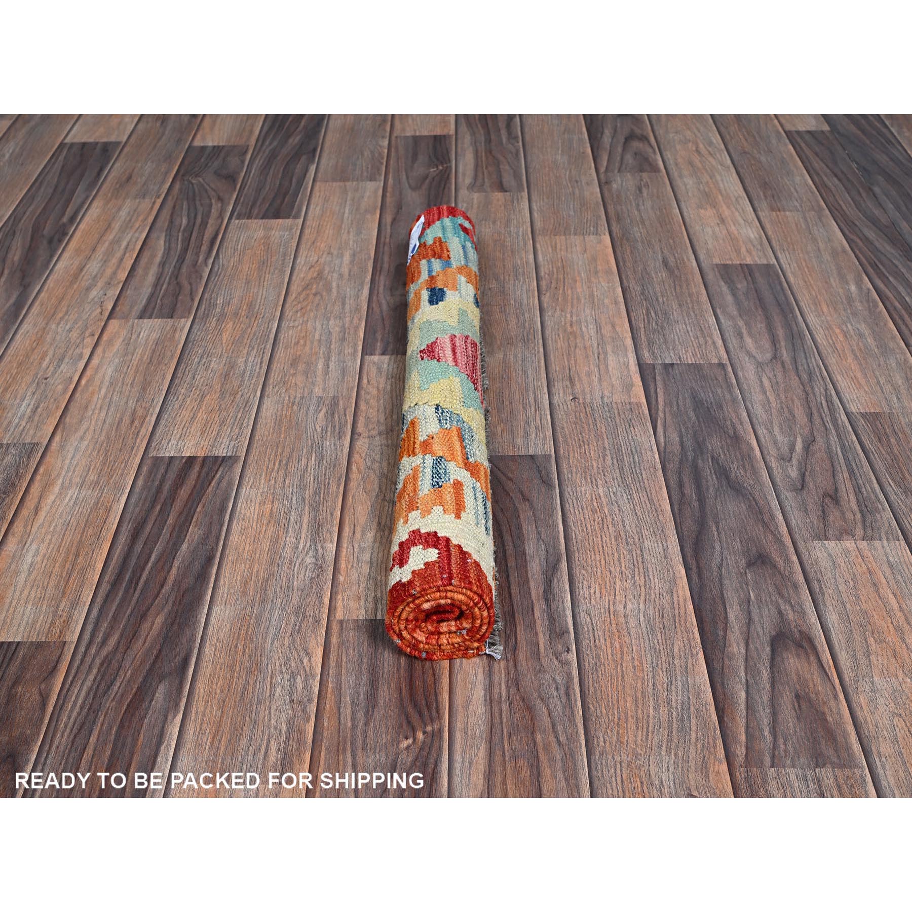 2'1"x3' Flame Orange, Afghan Kilim with Colorful Geometric Pattern, Flat Weave, Vegetable Dyes, Pure Wool, Hand Woven, Reversible, Mat, Oriental Rug Sh1181