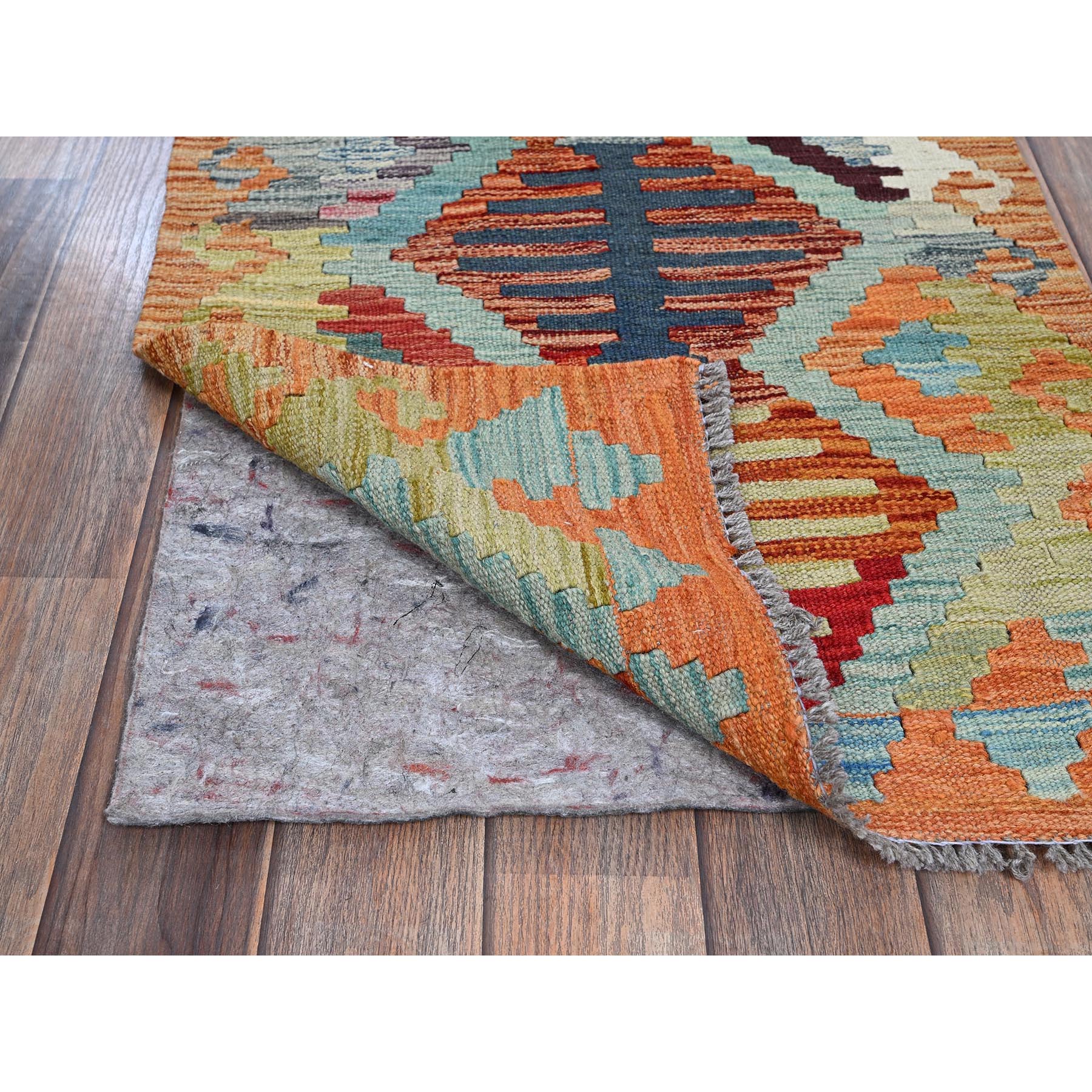 2'x3' Squash Orange, Afghan Kilim with Geometric Pattern, Vegetable Dyes, Flat Weave, Pure Wool, Hand Woven, Reversible, Mat, Oriental Rug Sh1182
