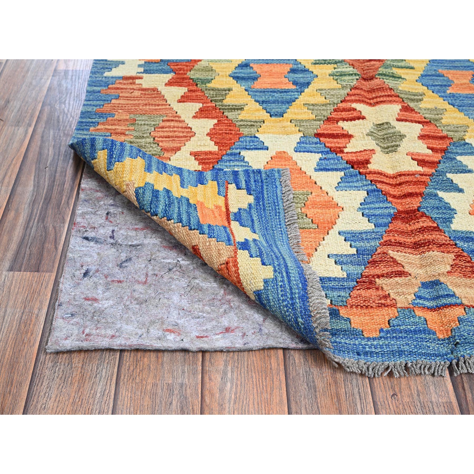 3'5"x5' Colorful Afghan Kilim with Geometric Pattern, Vegetable Dyes, Flat Weave, Pure Wool, Hand Woven, Reversible, Oriental Rug Sh1183