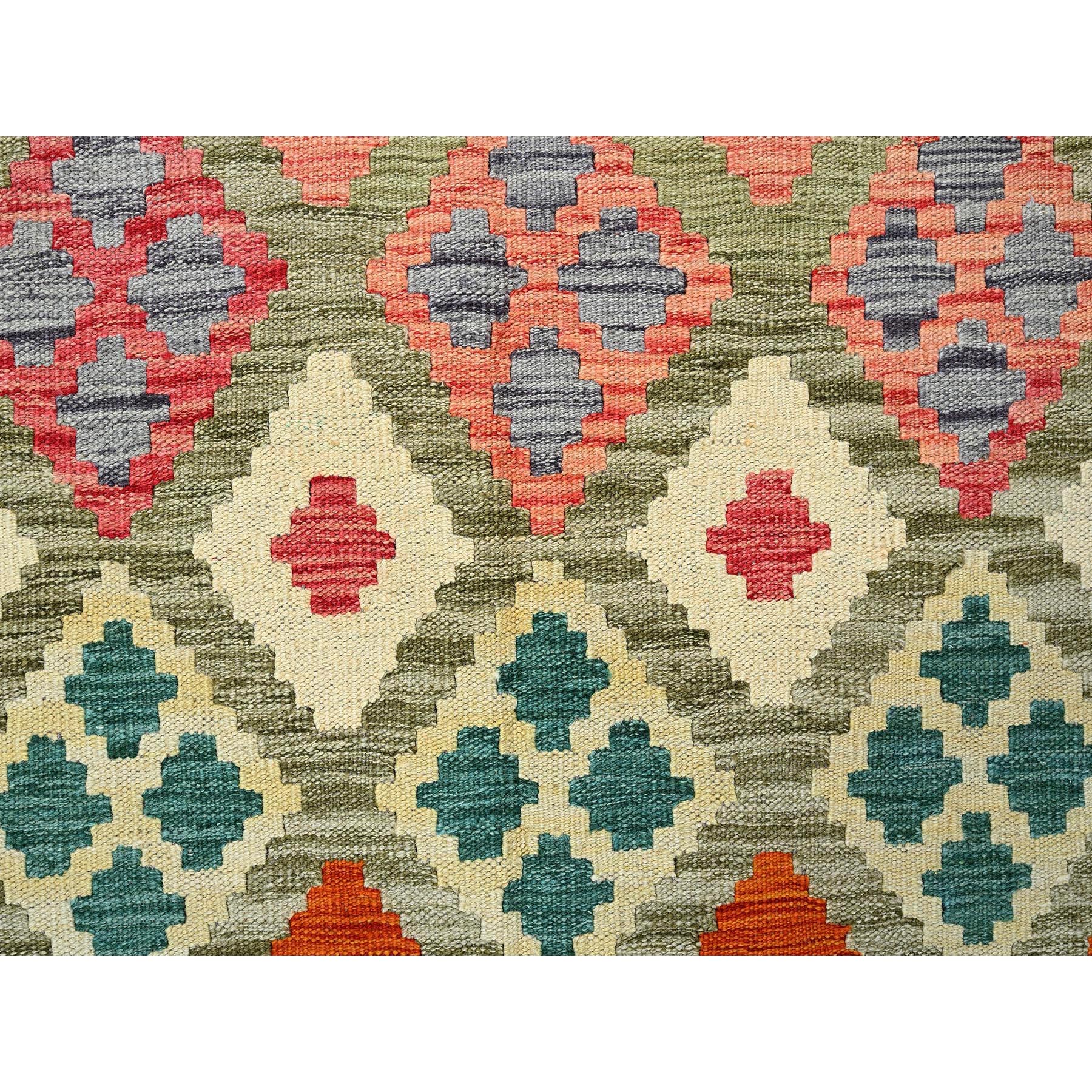 3'6"x4'10" Artichoke Green, Flat Weave, Afghan Kilim with Colorful Geometric Pattern, Vegetable Dyes, Pure Wool, Hand Woven, Reversible, Oriental Rug Sh1184