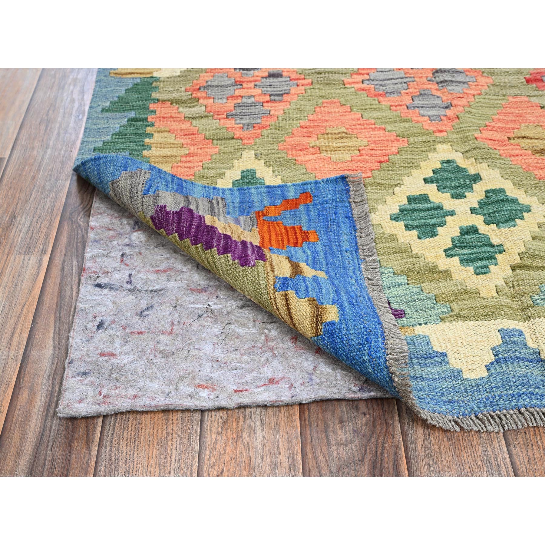 3'6"x4'10" Artichoke Green, Flat Weave, Afghan Kilim with Colorful Geometric Pattern, Vegetable Dyes, Pure Wool, Hand Woven, Reversible, Oriental Rug Sh1184