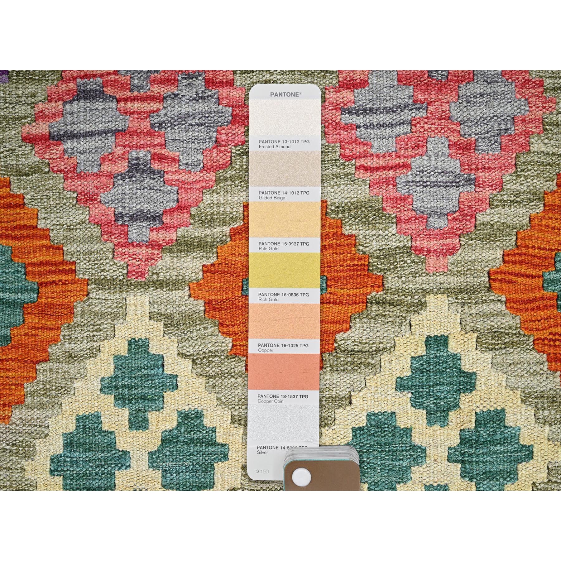 3'6"x4'10" Artichoke Green, Flat Weave, Afghan Kilim with Colorful Geometric Pattern, Vegetable Dyes, Pure Wool, Hand Woven, Reversible, Oriental Rug Sh1184