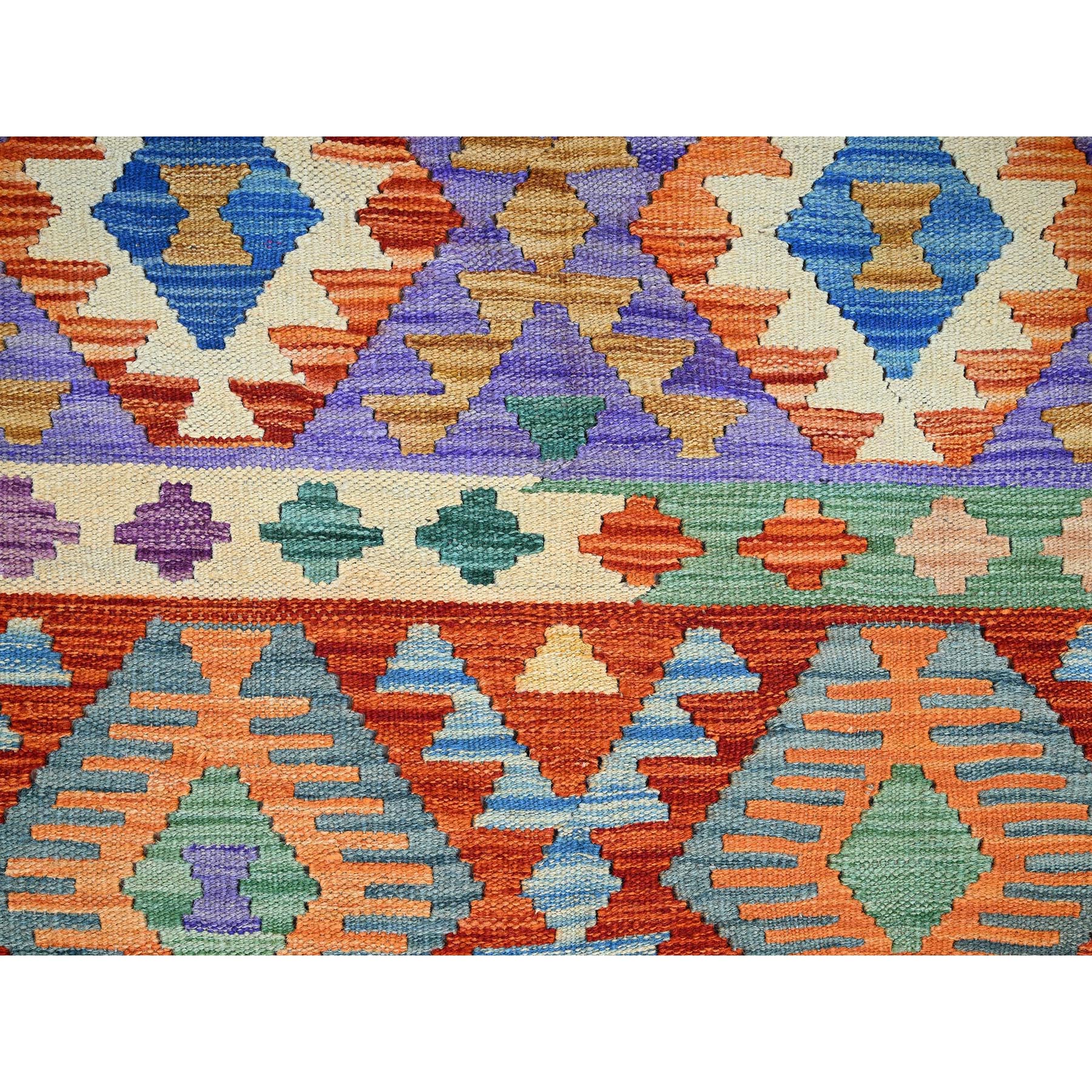 3'7"x5' Flame Orange, Flat Weave, Afghan Kilim with Colorful Geometric Pattern, Vegetable Dyes, Pure Wool, Hand Woven, Reversible, Oriental Rug Sh1186