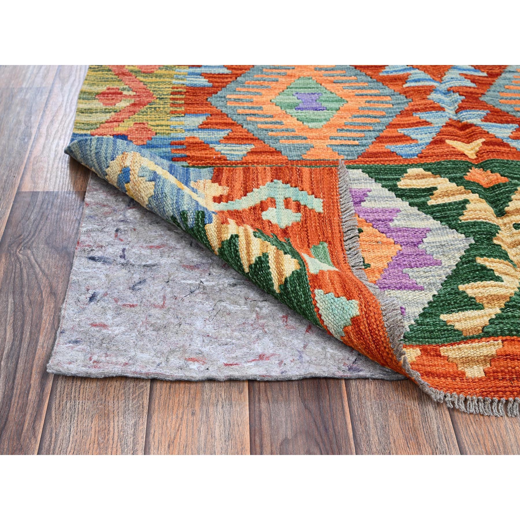 3'7"x5' Flame Orange, Flat Weave, Afghan Kilim with Colorful Geometric Pattern, Vegetable Dyes, Pure Wool, Hand Woven, Reversible, Oriental Rug Sh1186
