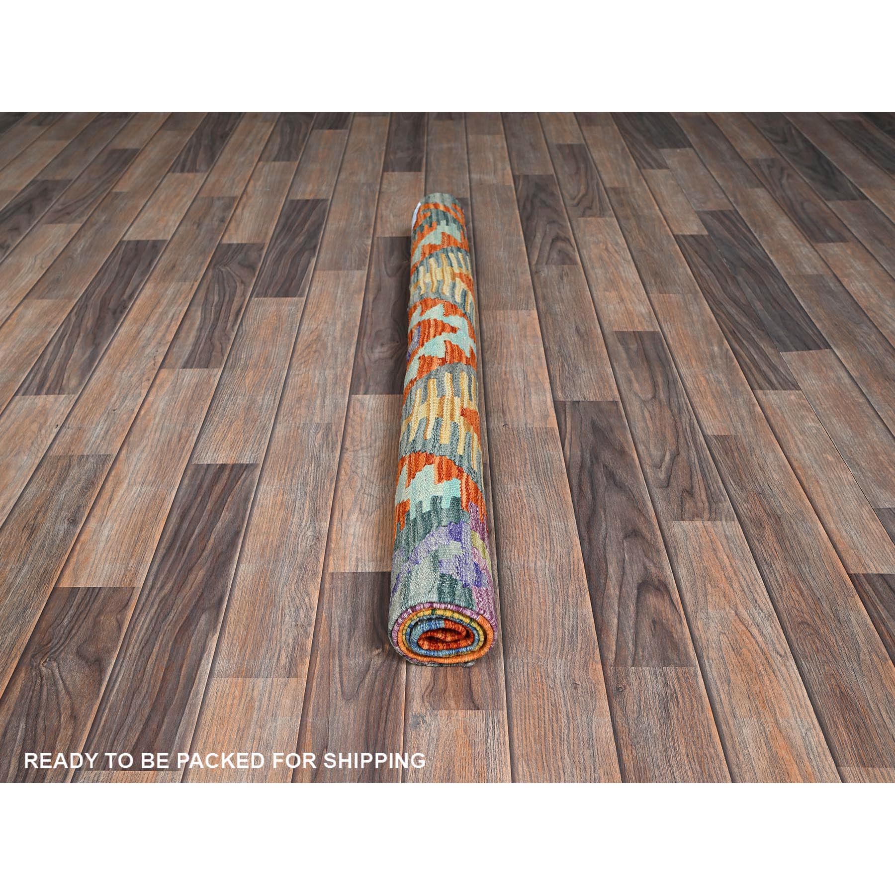 3'7"x5' Flame Orange, Flat Weave, Afghan Kilim with Colorful Geometric Pattern, Vegetable Dyes, Pure Wool, Hand Woven, Reversible, Oriental Rug Sh1186