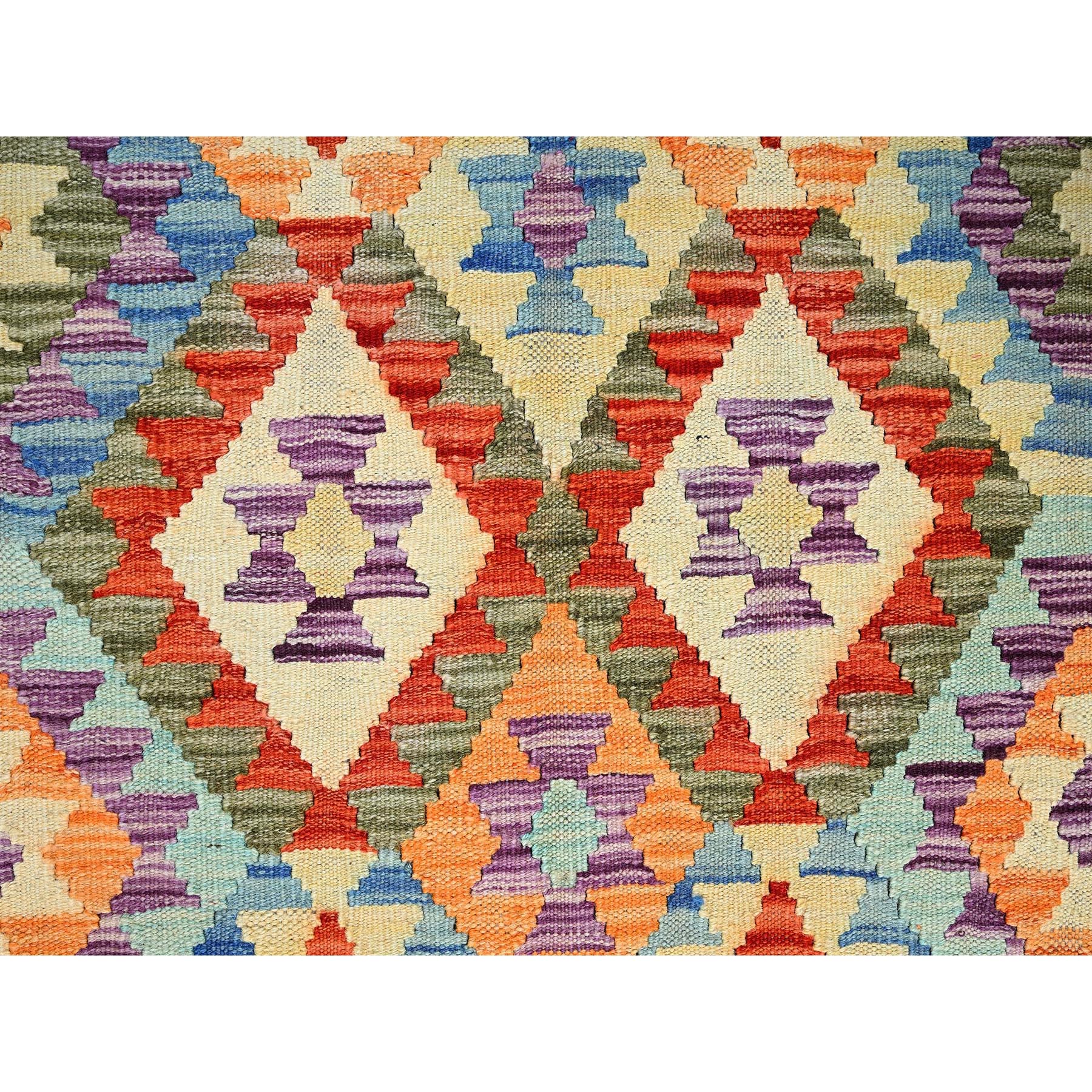 3'5"x4'10" Vivid Orange, Flat Weave, Afghan Kilim with Colorful Geometric Pattern, Vegetable Dyes, Pure Wool, Hand Woven, Reversible, Oriental Rug Sh1187