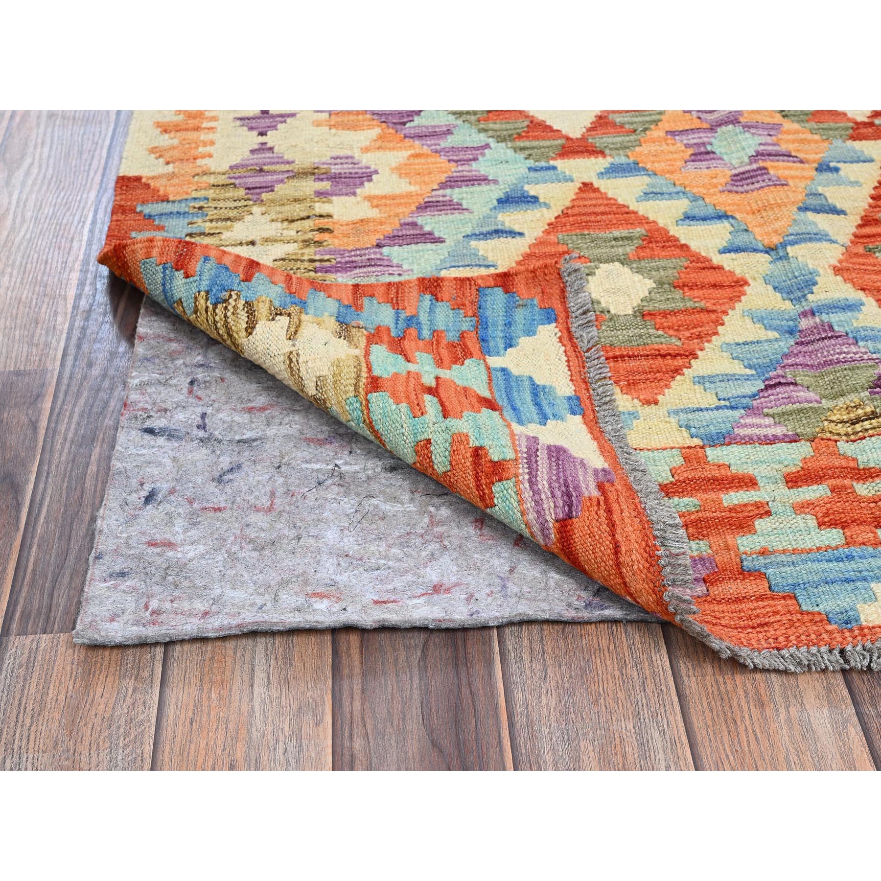 3'5"x4'10" Vivid Orange, Flat Weave, Afghan Kilim with Colorful Geometric Pattern, Vegetable Dyes, Pure Wool, Hand Woven, Reversible, Oriental Rug Sh1187