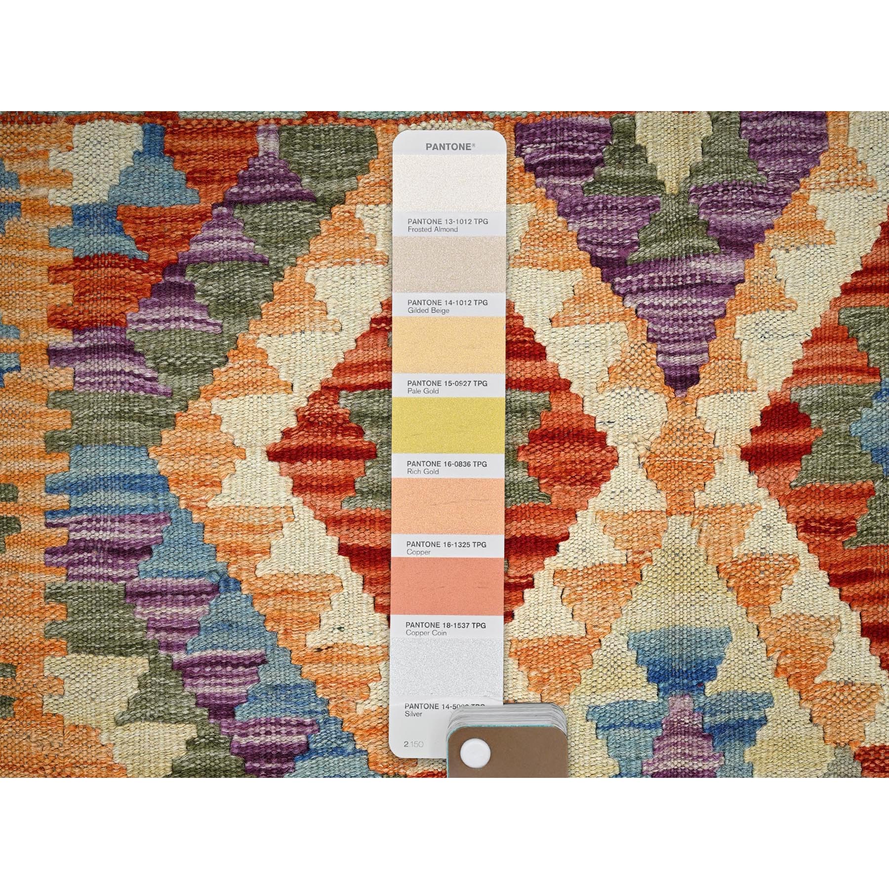 3'5"x4'10" Vivid Orange, Flat Weave, Afghan Kilim with Colorful Geometric Pattern, Vegetable Dyes, Pure Wool, Hand Woven, Reversible, Oriental Rug Sh1187