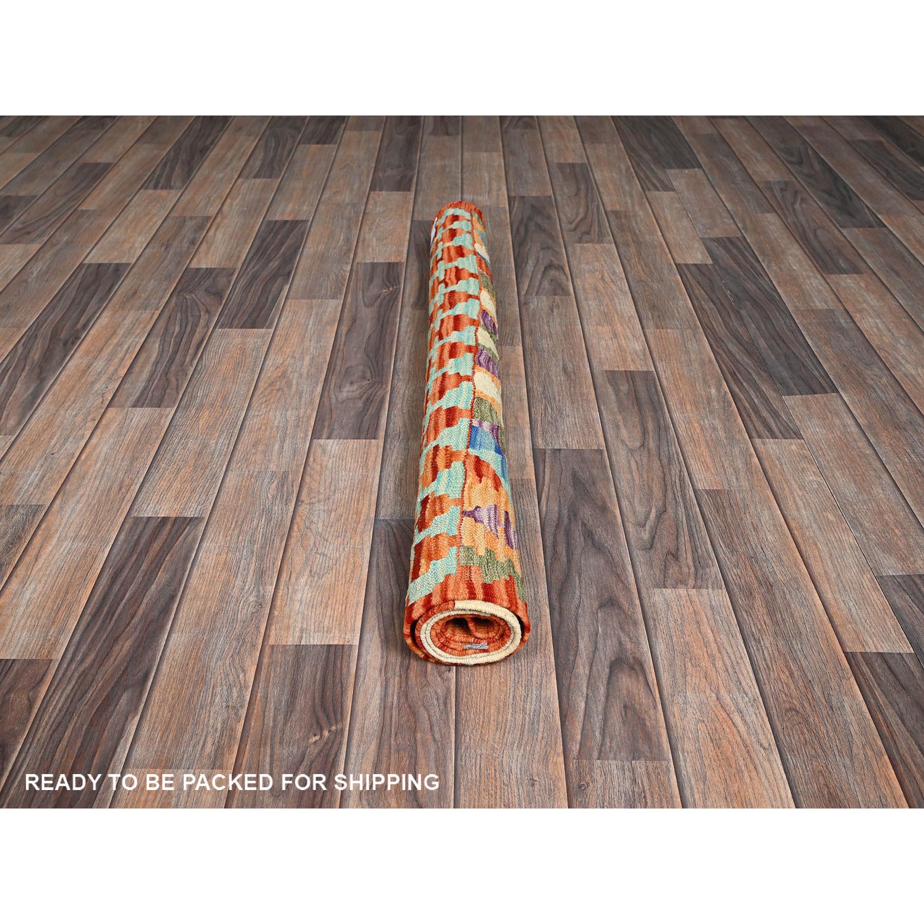3'5"x4'10" Vivid Orange, Flat Weave, Afghan Kilim with Colorful Geometric Pattern, Vegetable Dyes, Pure Wool, Hand Woven, Reversible, Oriental Rug Sh1187