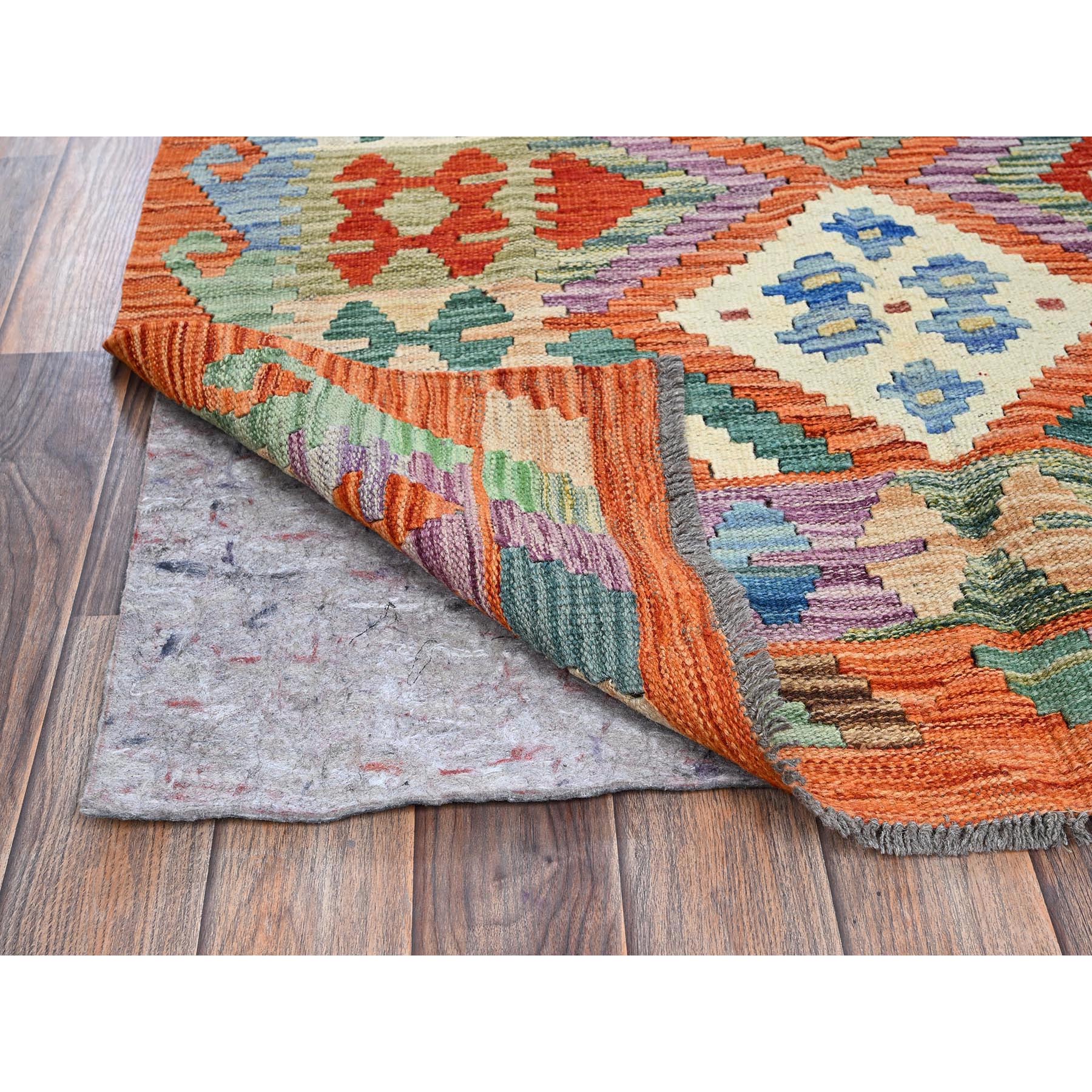 3'6"x5'2" Burnt Orange, Afghan Kilim with Colorful Geometric Pattern, Flat Weave, Vegetable Dyes, Pure Wool, Hand Woven, Reversible, Oriental Rug Sh1188