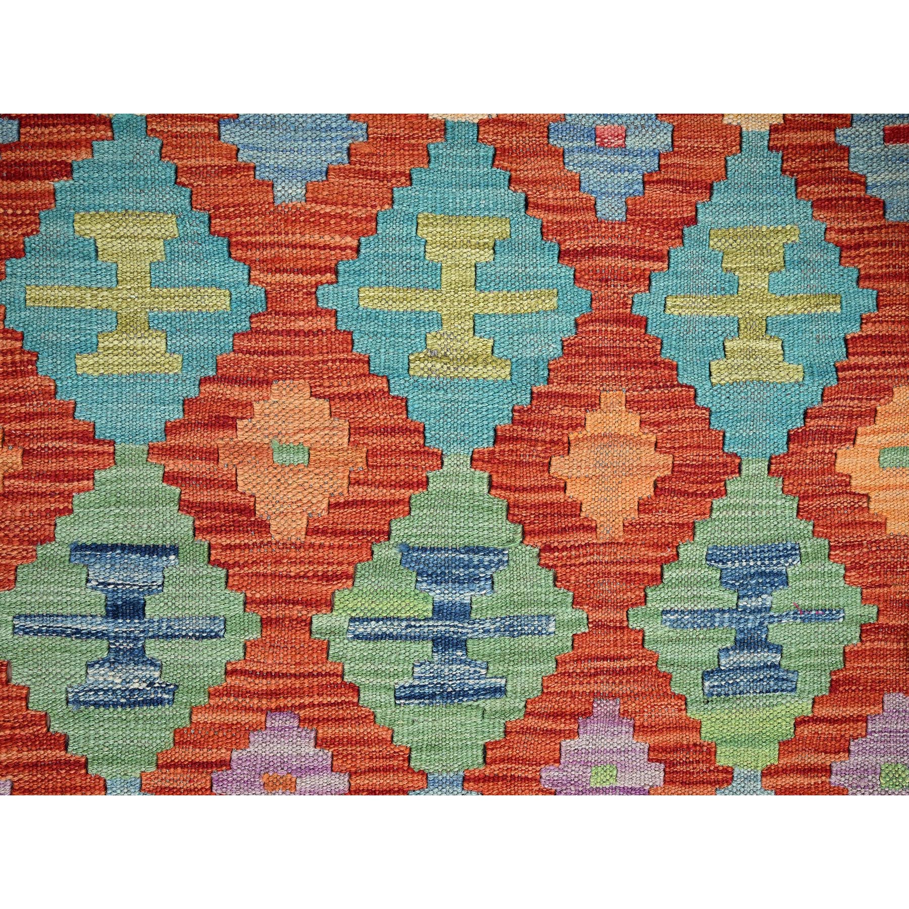3'4"x4'9" Flame Orange, Afghan Kilim with Colorful Geometric Pattern, Vegetable Dyes, Pure Wool, Hand Woven, Flat Weave, Reversible, Oriental Rug Sh1189