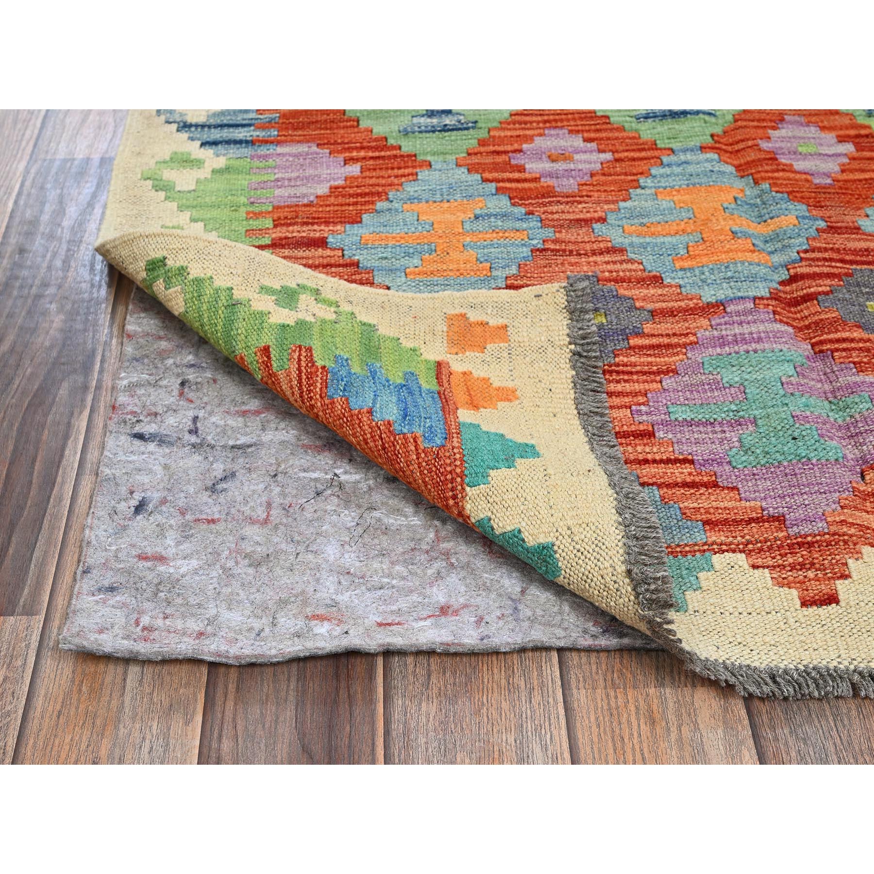 3'4"x4'9" Flame Orange, Afghan Kilim with Colorful Geometric Pattern, Vegetable Dyes, Pure Wool, Hand Woven, Flat Weave, Reversible, Oriental Rug Sh1189