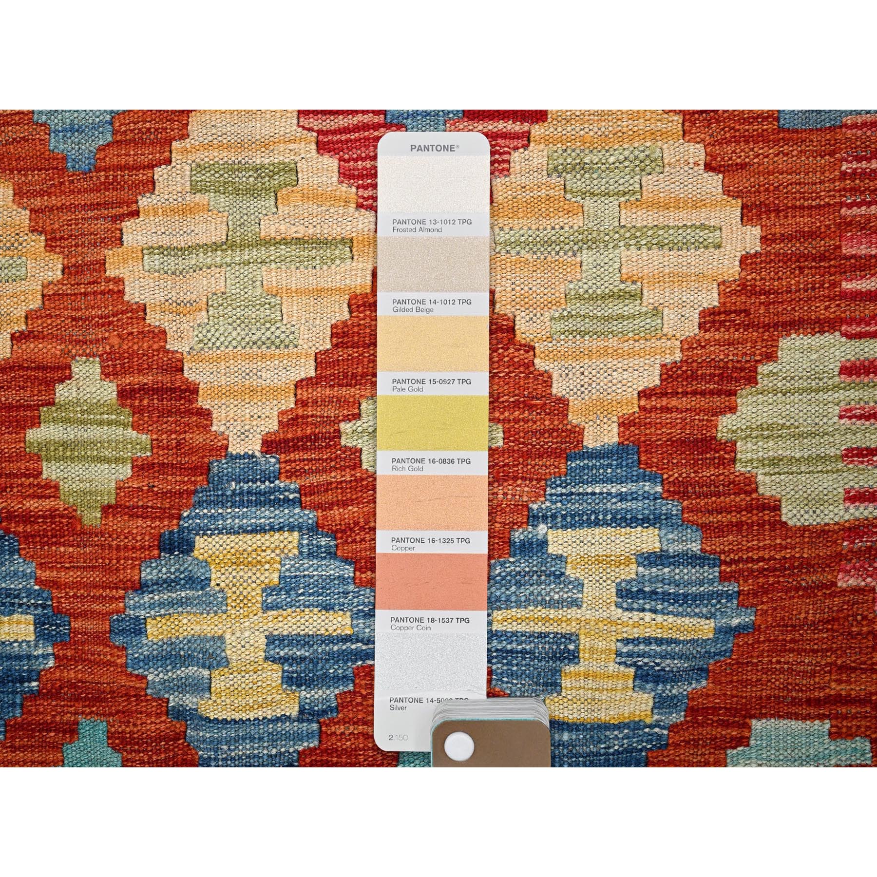 3'4"x4'9" Flame Orange, Afghan Kilim with Colorful Geometric Pattern, Vegetable Dyes, Pure Wool, Hand Woven, Flat Weave, Reversible, Oriental Rug Sh1189