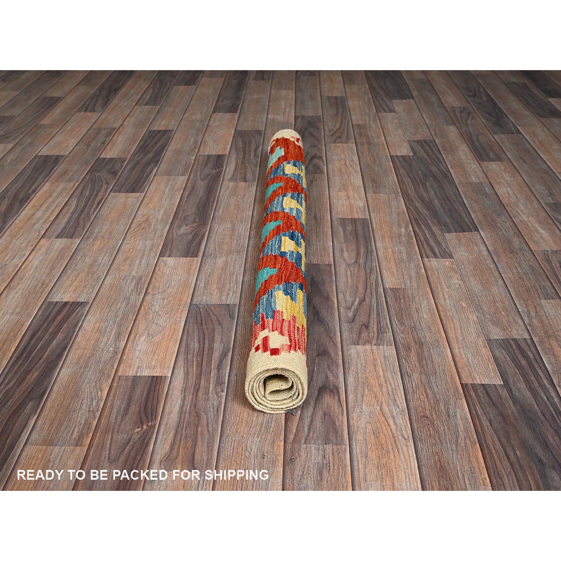 3'4"x4'9" Flame Orange, Afghan Kilim with Colorful Geometric Pattern, Vegetable Dyes, Pure Wool, Hand Woven, Flat Weave, Reversible, Oriental Rug Sh1189