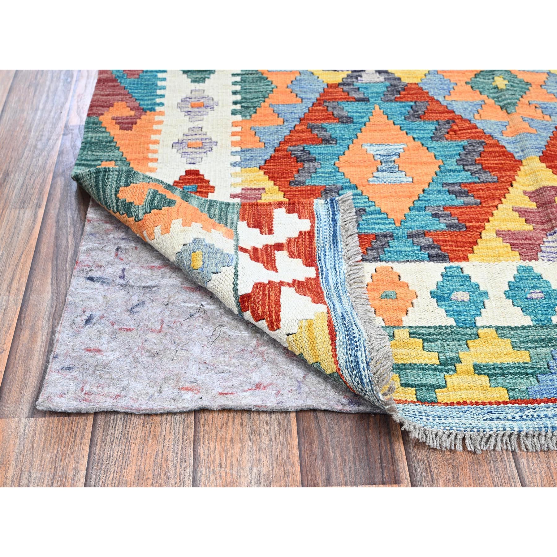 3'10"x6' Colorful Afghan Kilim with Geometric Pattern, Vegetable Dyes, Flat Weave, Pure Wool, Hand Woven, Reversible, Oriental Rug Sh1191