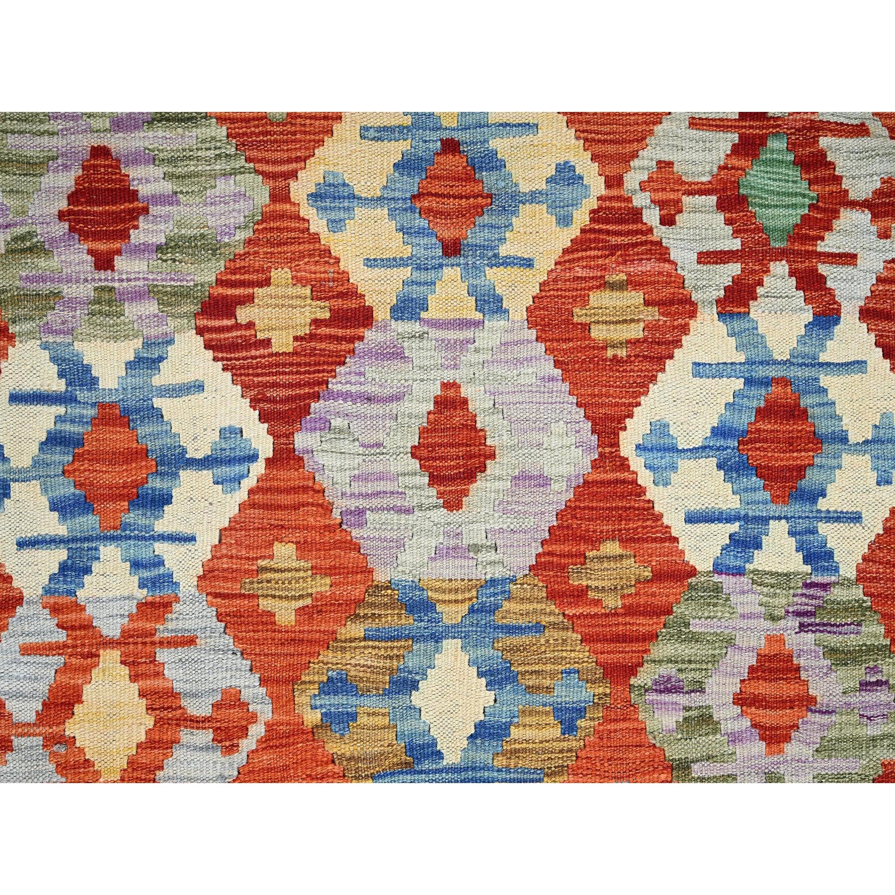 4'1"x6'5" Flame Orange, Flat Weave, Afghan Kilim with Colorful Geometric Pattern, Vegetable Dyes, Pure Wool, Hand Woven, Reversible, Oriental Rug Sh1192