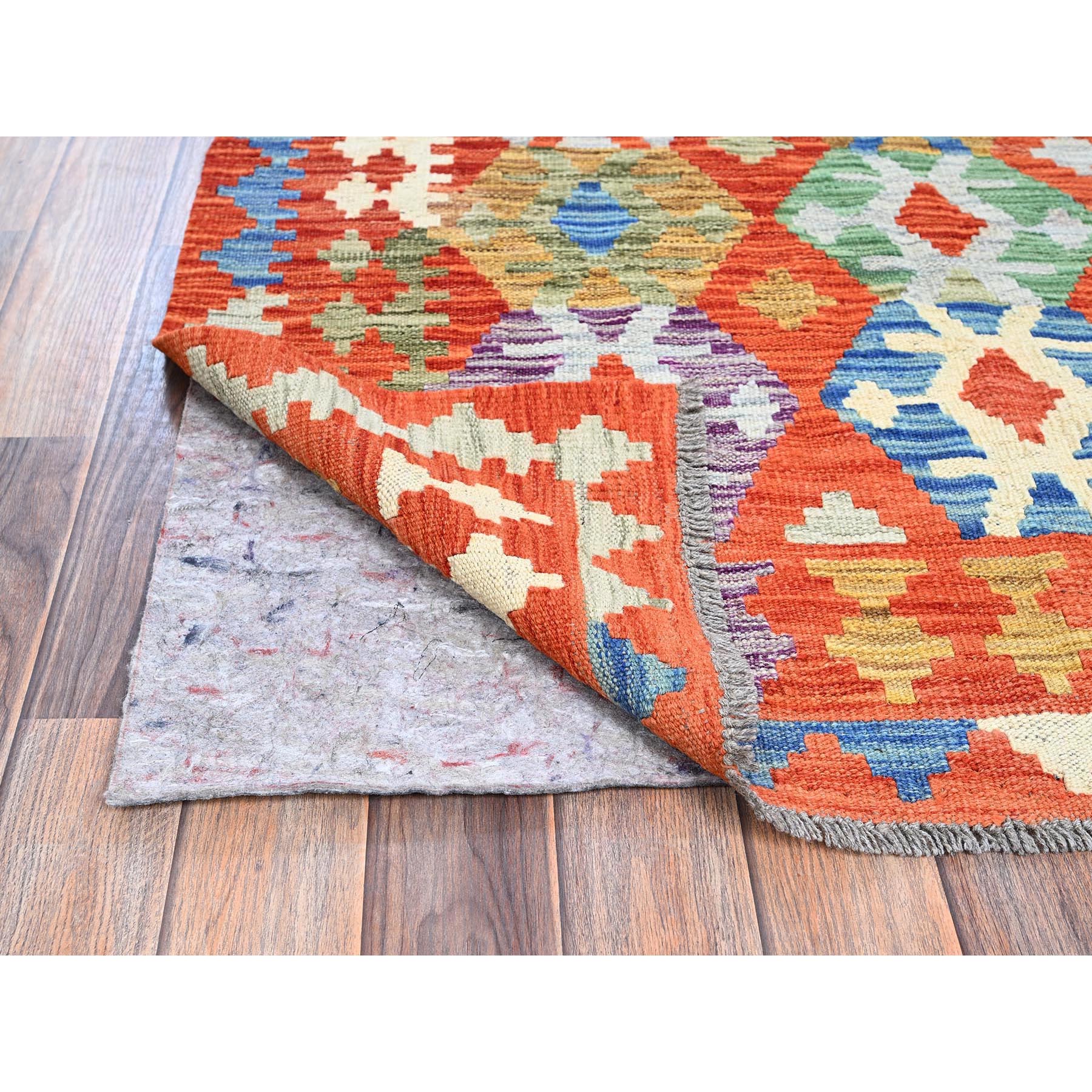 4'1"x6'5" Flame Orange, Flat Weave, Afghan Kilim with Colorful Geometric Pattern, Vegetable Dyes, Pure Wool, Hand Woven, Reversible, Oriental Rug Sh1192