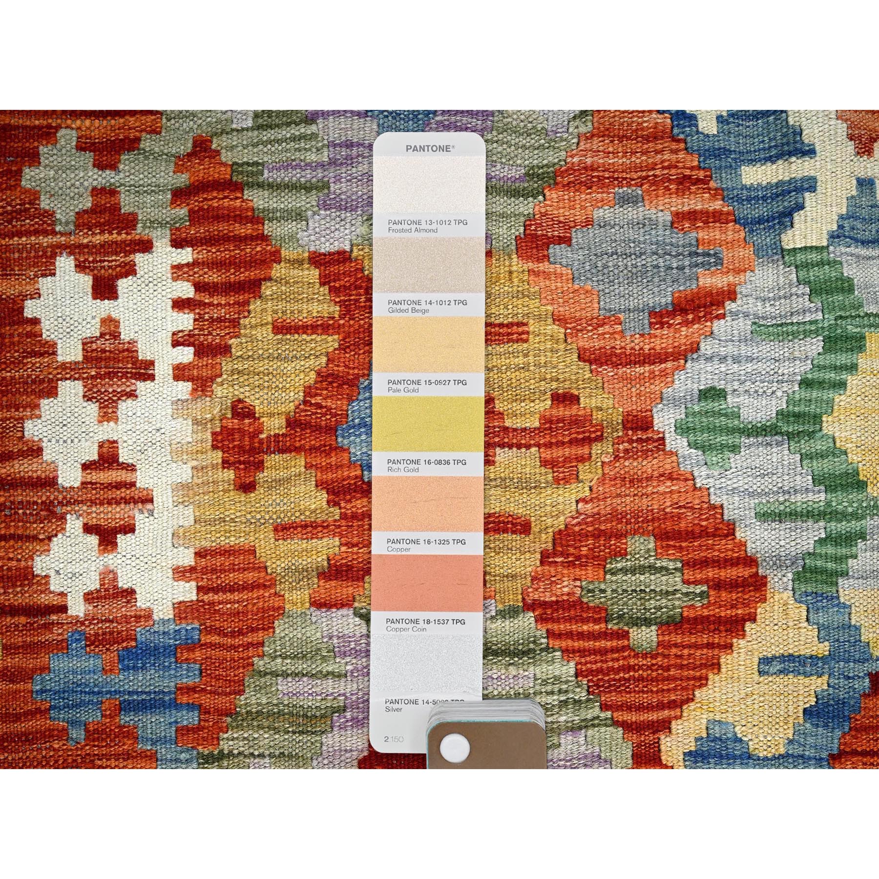 4'1"x6'5" Flame Orange, Flat Weave, Afghan Kilim with Colorful Geometric Pattern, Vegetable Dyes, Pure Wool, Hand Woven, Reversible, Oriental Rug Sh1192