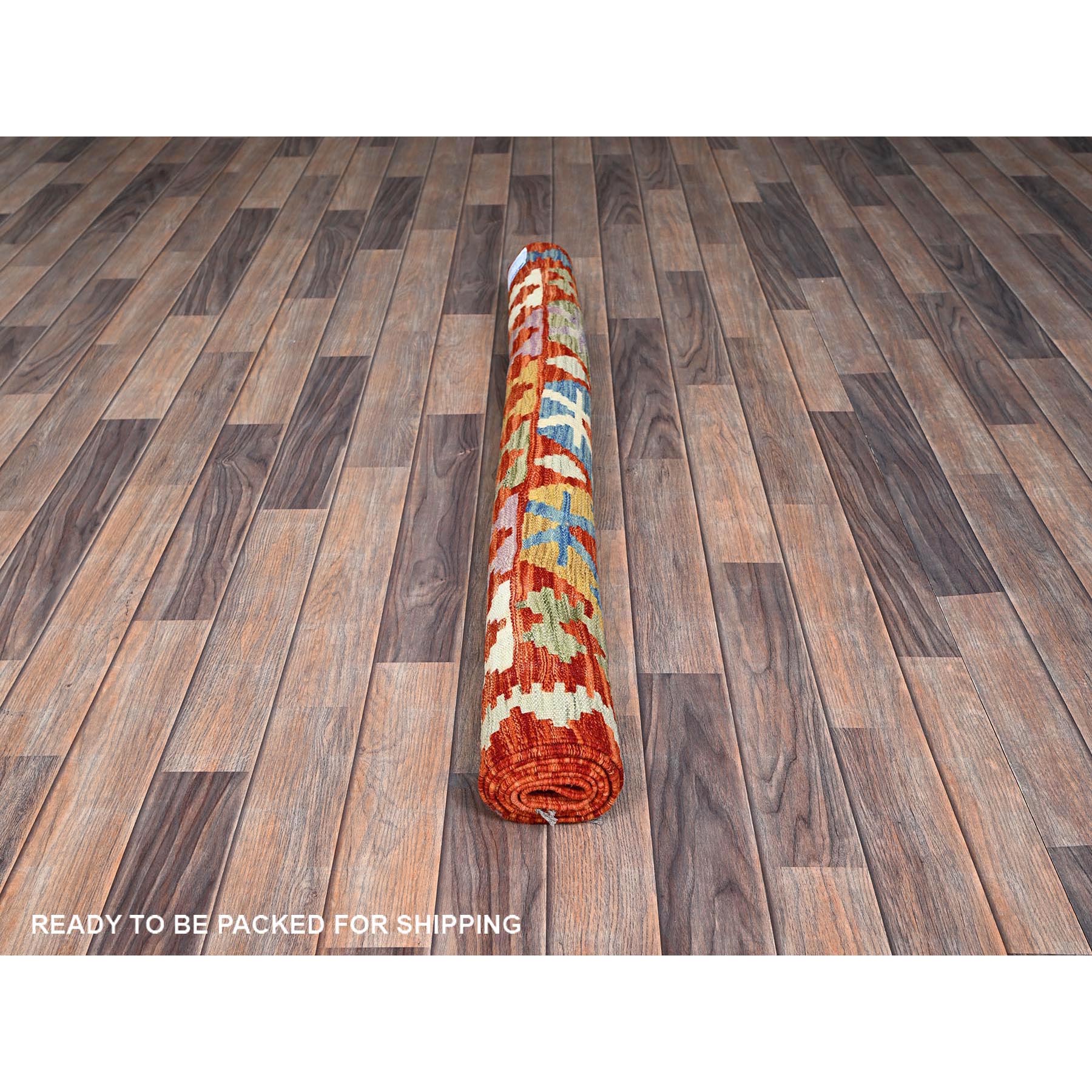 4'1"x6'5" Flame Orange, Flat Weave, Afghan Kilim with Colorful Geometric Pattern, Vegetable Dyes, Pure Wool, Hand Woven, Reversible, Oriental Rug Sh1192