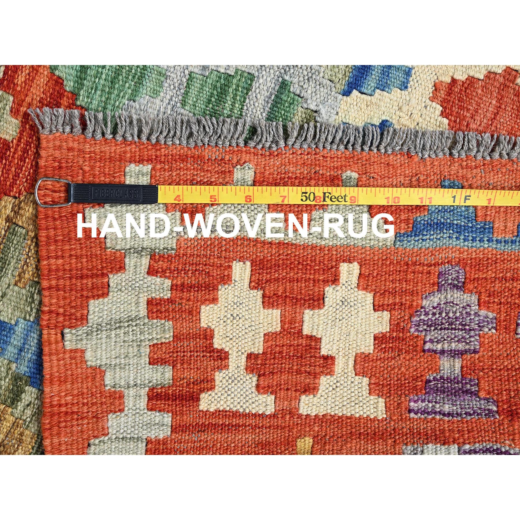 4'1"x6'5" Flame Orange, Flat Weave, Afghan Kilim with Colorful Geometric Pattern, Vegetable Dyes, Pure Wool, Hand Woven, Reversible, Oriental Rug Sh1192