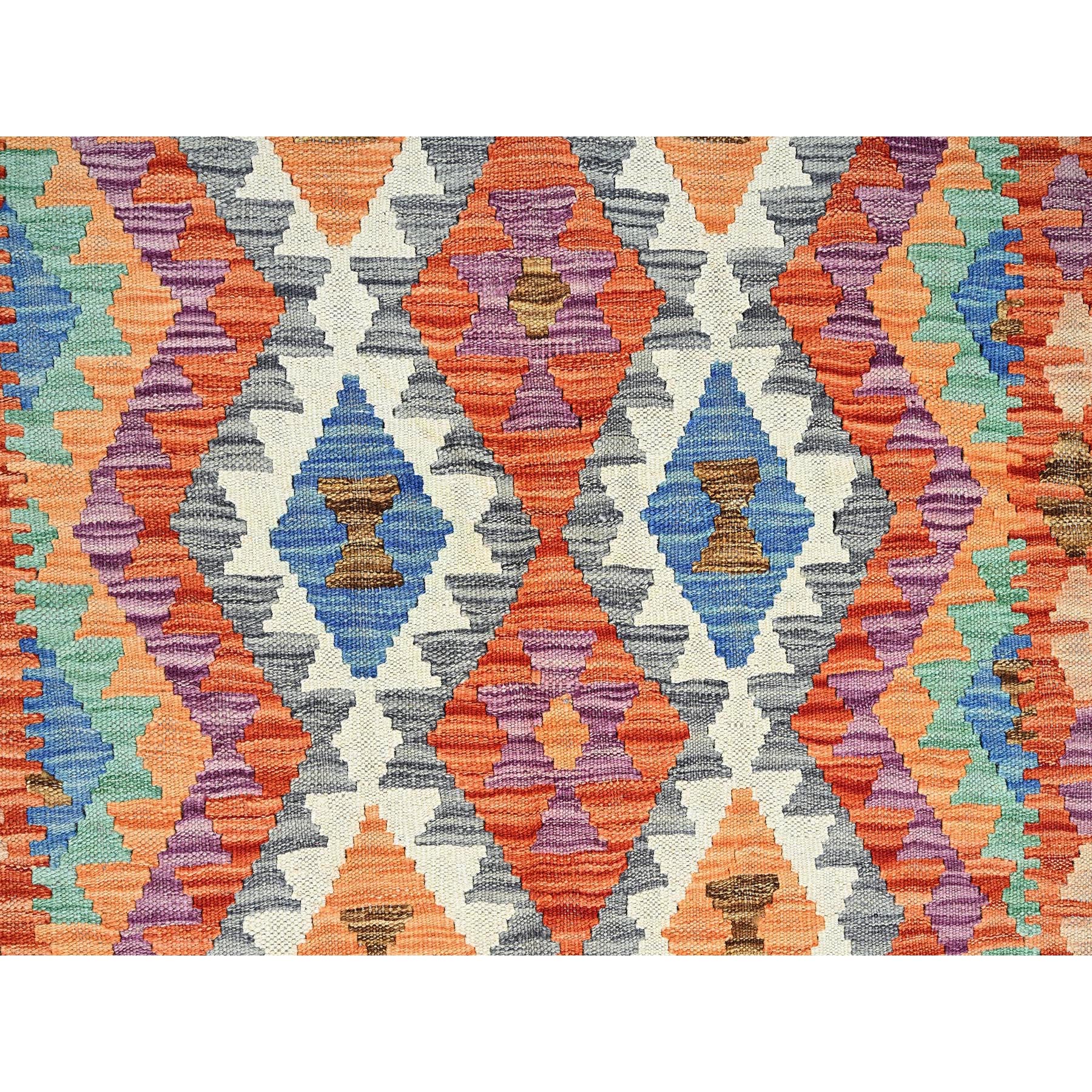 4'x6'3" Vivid Orange, Hand Woven, Flat Weave, Afghan Kilim with Colorful Geometric Pattern, Vegetable Dyes, Pure Wool, Reversible, Oriental Rug Sh1193