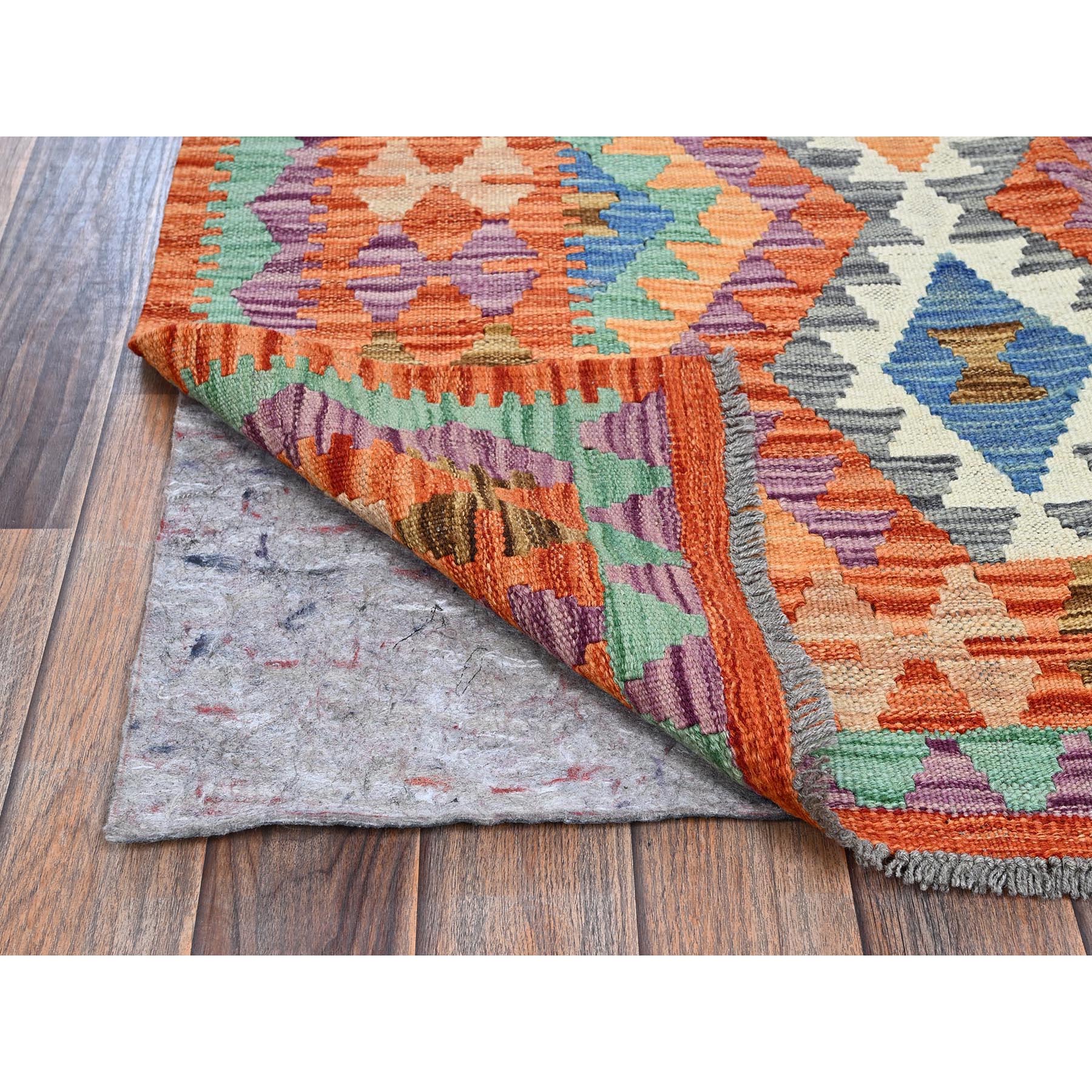 4'x6'3" Vivid Orange, Hand Woven, Flat Weave, Afghan Kilim with Colorful Geometric Pattern, Vegetable Dyes, Pure Wool, Reversible, Oriental Rug Sh1193