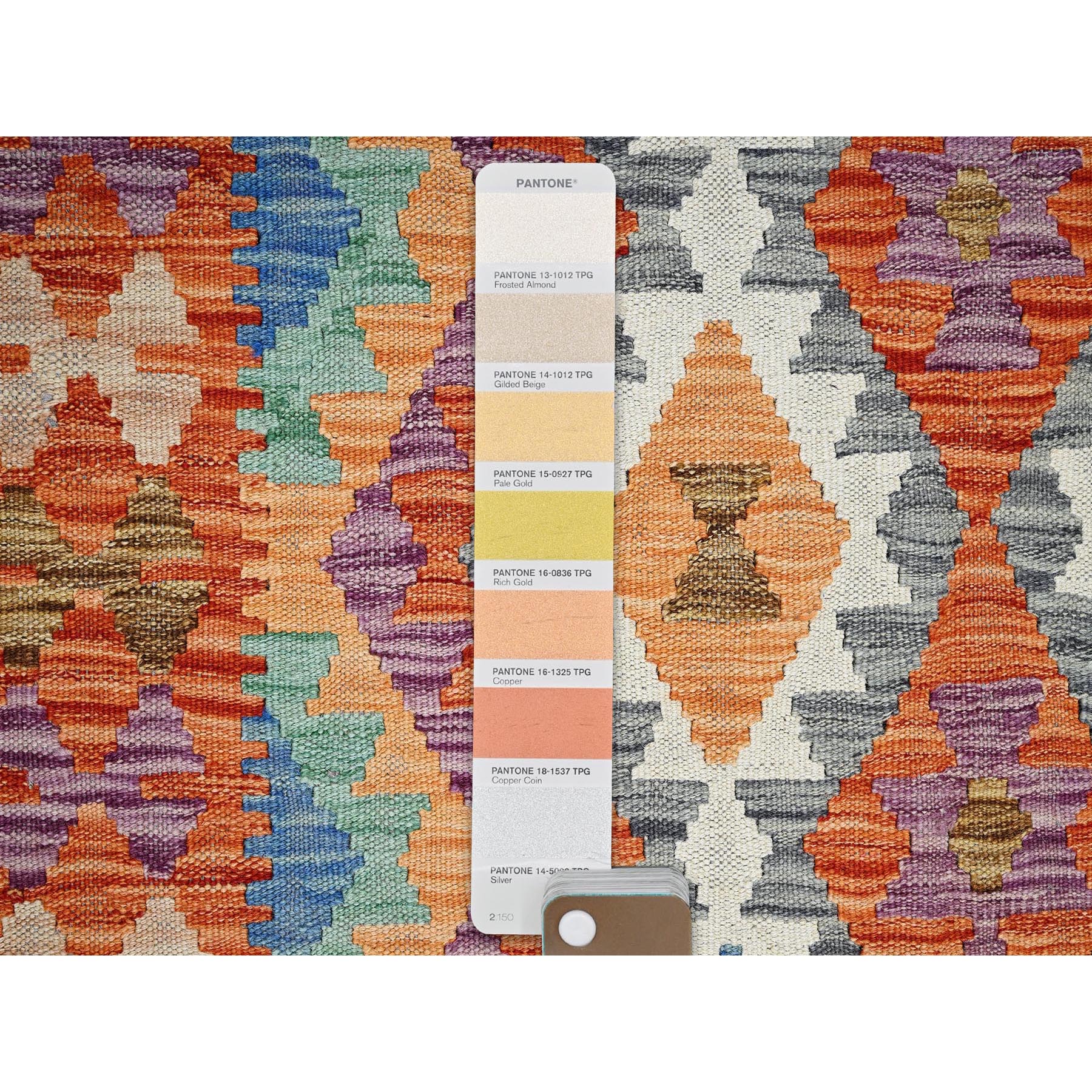 4'x6'3" Vivid Orange, Hand Woven, Flat Weave, Afghan Kilim with Colorful Geometric Pattern, Vegetable Dyes, Pure Wool, Reversible, Oriental Rug Sh1193