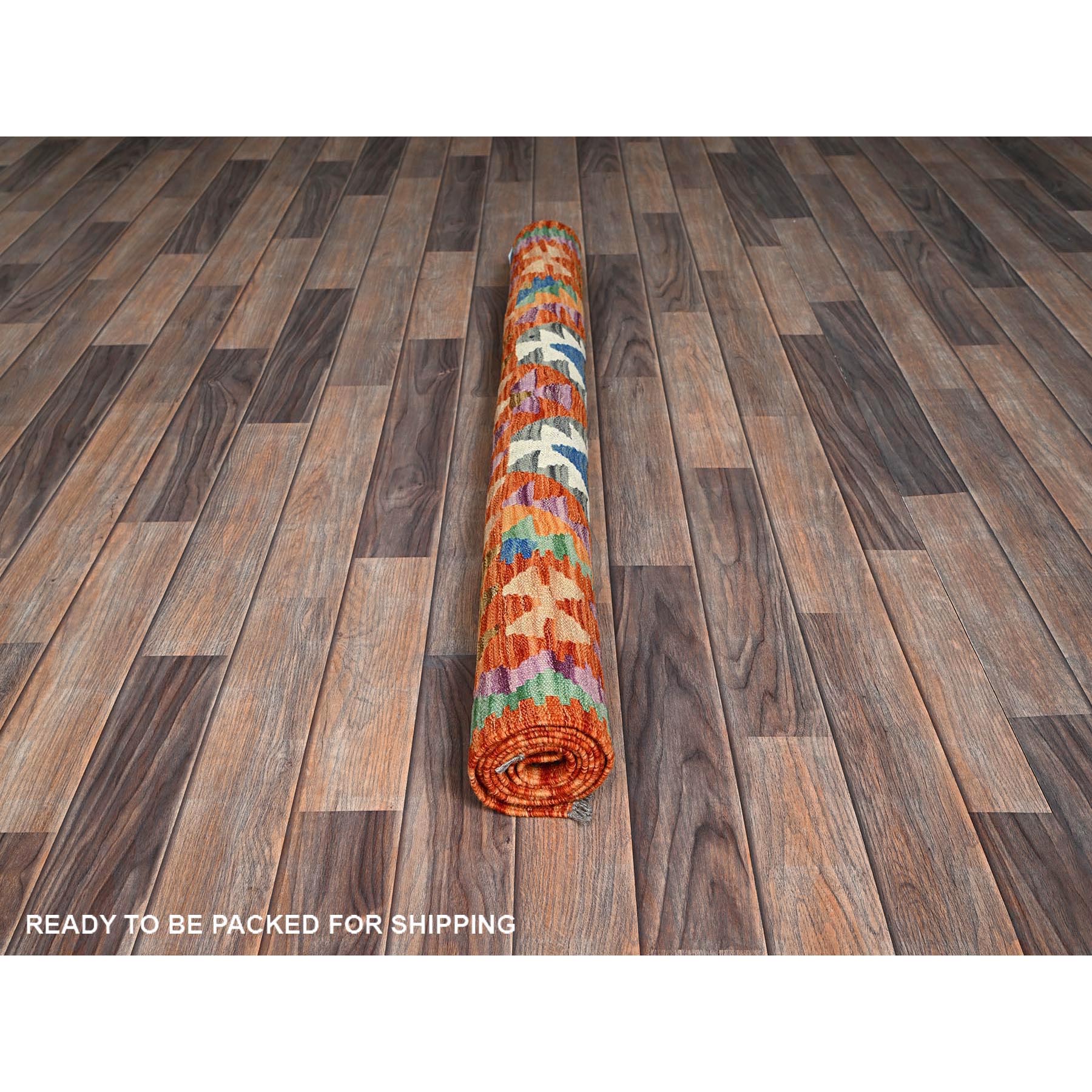 4'x6'3" Vivid Orange, Hand Woven, Flat Weave, Afghan Kilim with Colorful Geometric Pattern, Vegetable Dyes, Pure Wool, Reversible, Oriental Rug Sh1193
