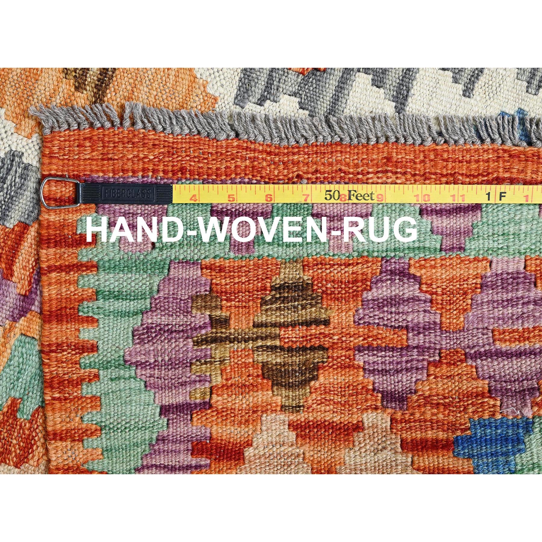 4'x6'3" Vivid Orange, Hand Woven, Flat Weave, Afghan Kilim with Colorful Geometric Pattern, Vegetable Dyes, Pure Wool, Reversible, Oriental Rug Sh1193