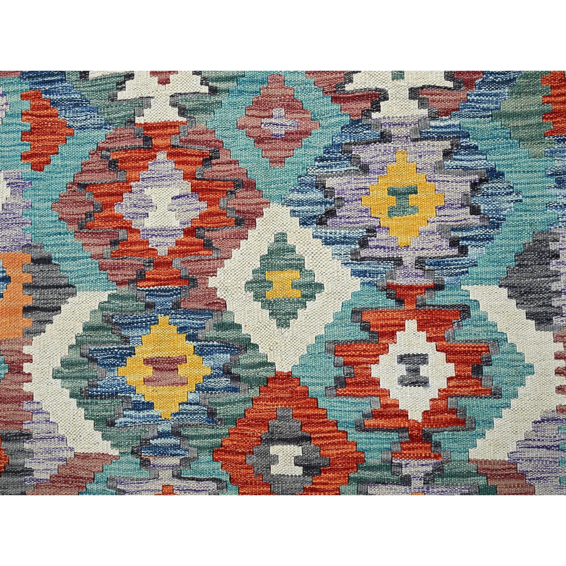 4'x5'10" Sapphire Blue, Afghan Kilim with Colorful Geometric Pattern, Vegetable Dyes, Pure Wool, Hand Woven, Flat Weave, Reversible, Oriental Rug Sh1194